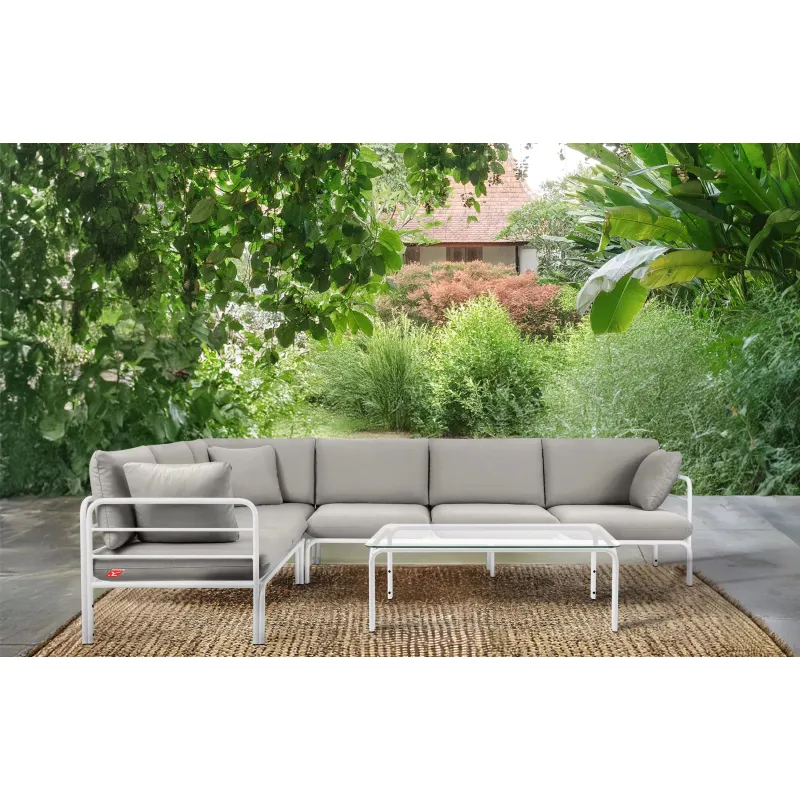 Kampinė lauko sofa RAMBI, balta/pilka, 304x229x80 cm
