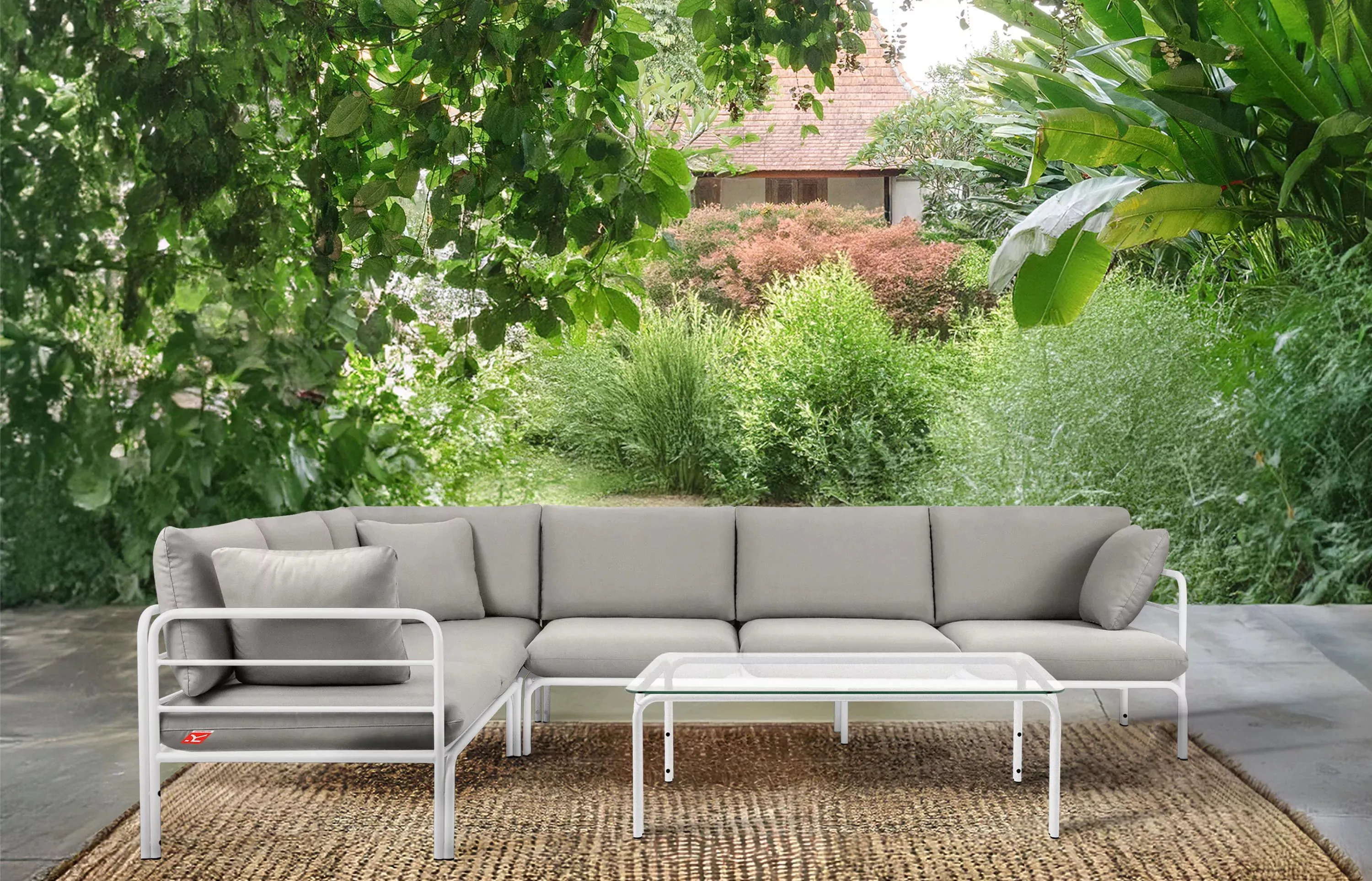 Kampinė lauko sofa RAMBI, balta/pilka, 304x229x80 cm