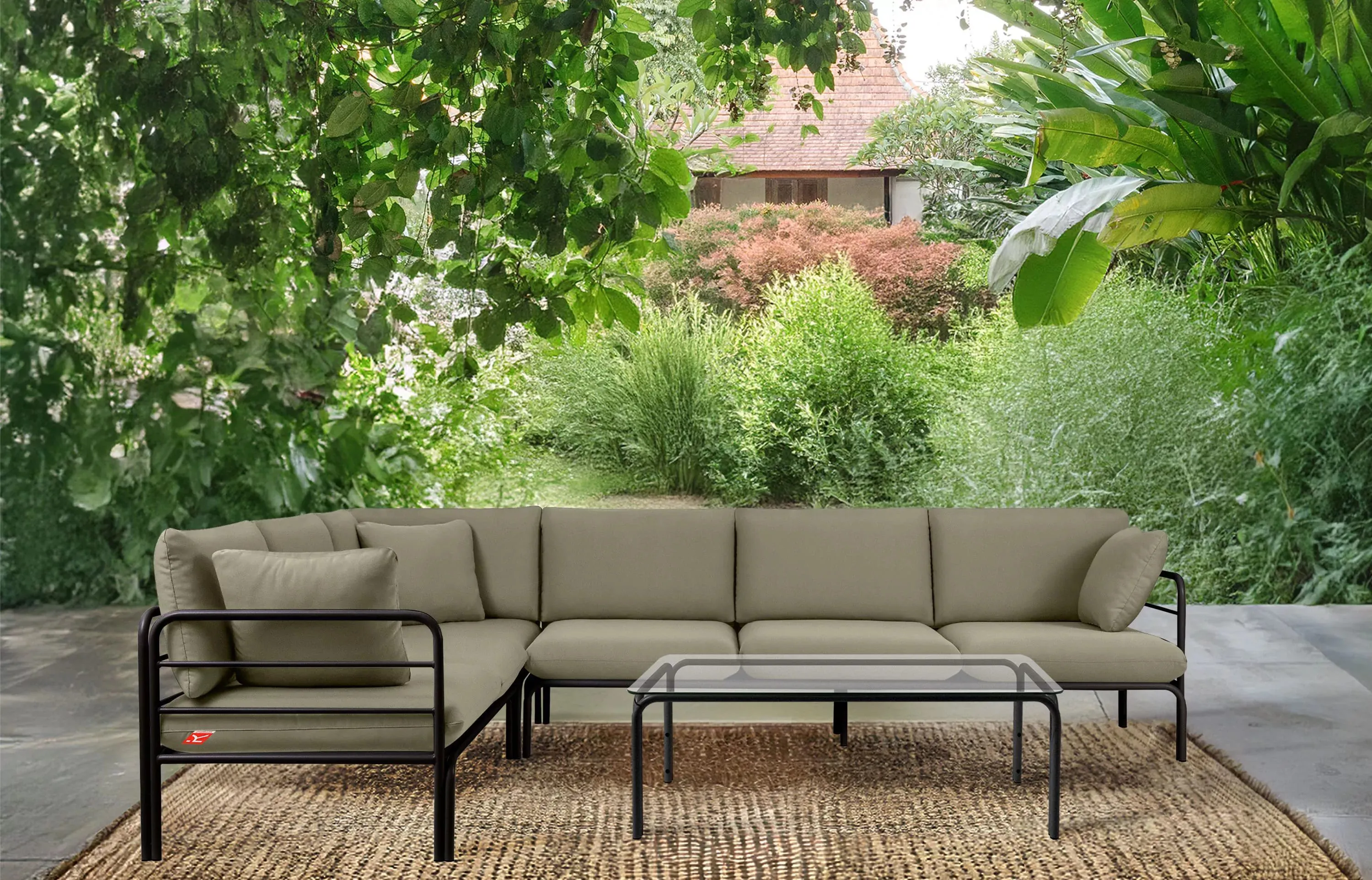 Kampinė lauko sofa RAMBI, juoda/smėlio, 304x229x80 cm