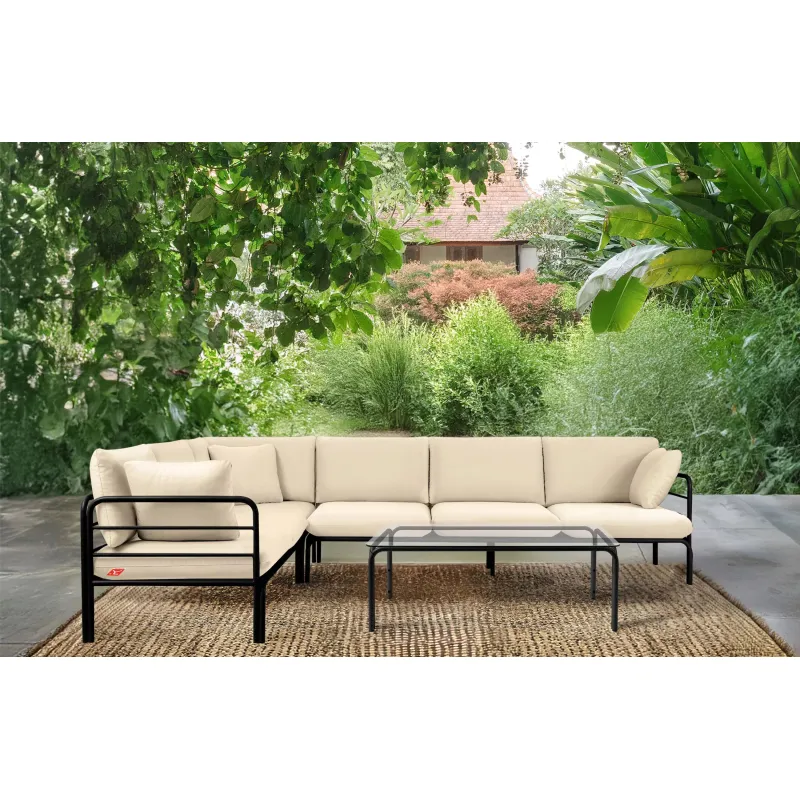 Kampinė lauko sofa RAMBI, juoda/kreminė, 304x229x80 cm
