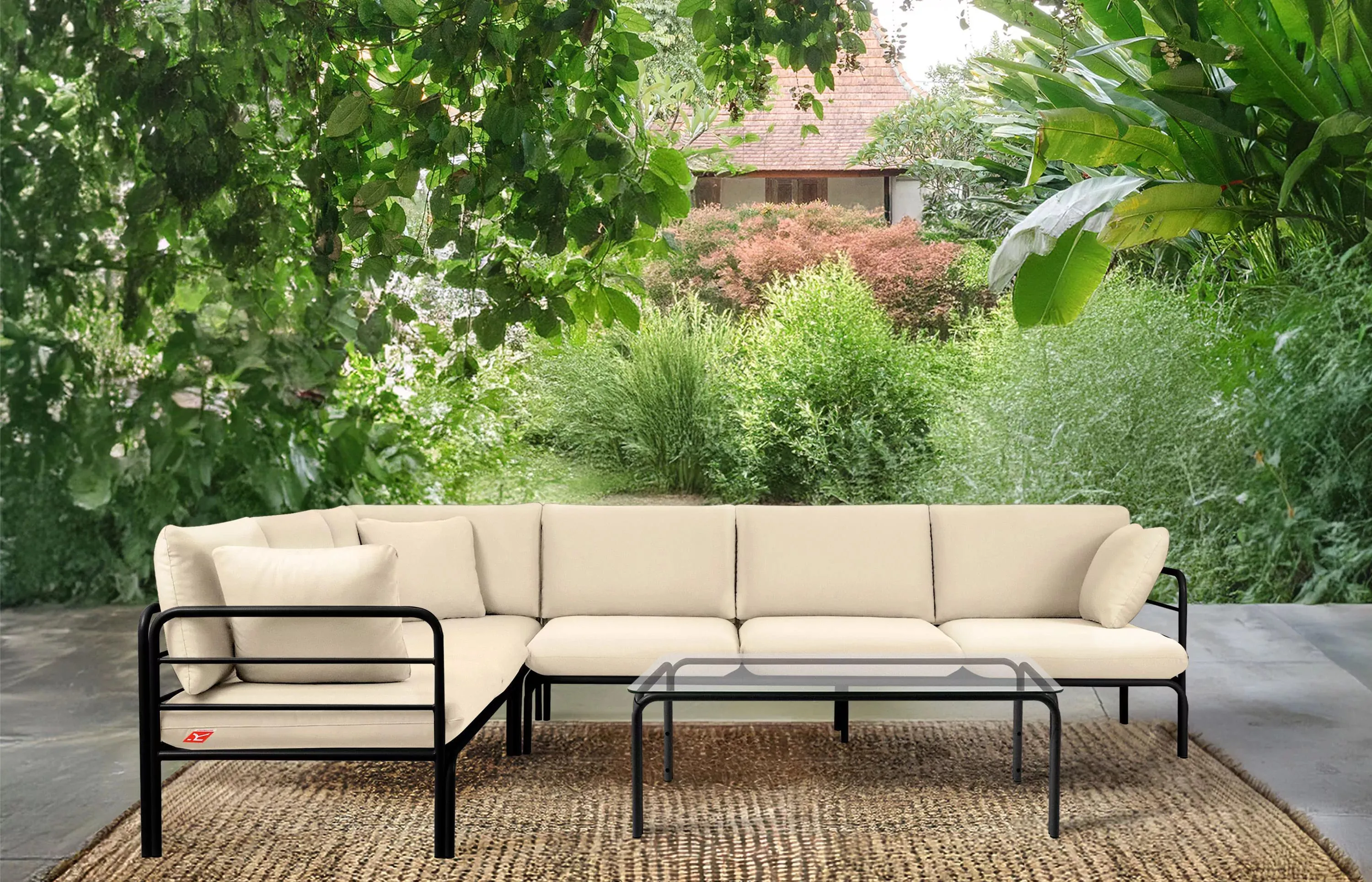 Kampinė lauko sofa RAMBI, juoda/kreminė, 304x229x80 cm