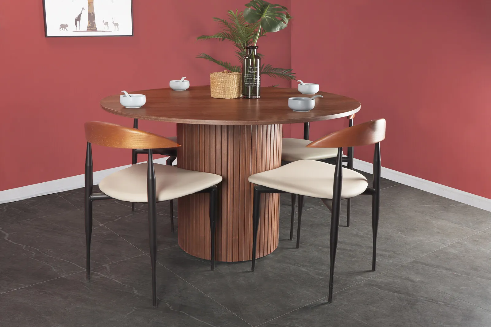 Apvalus valgomojo stalas SF320, riešutmedžio, 120x120x75 cm