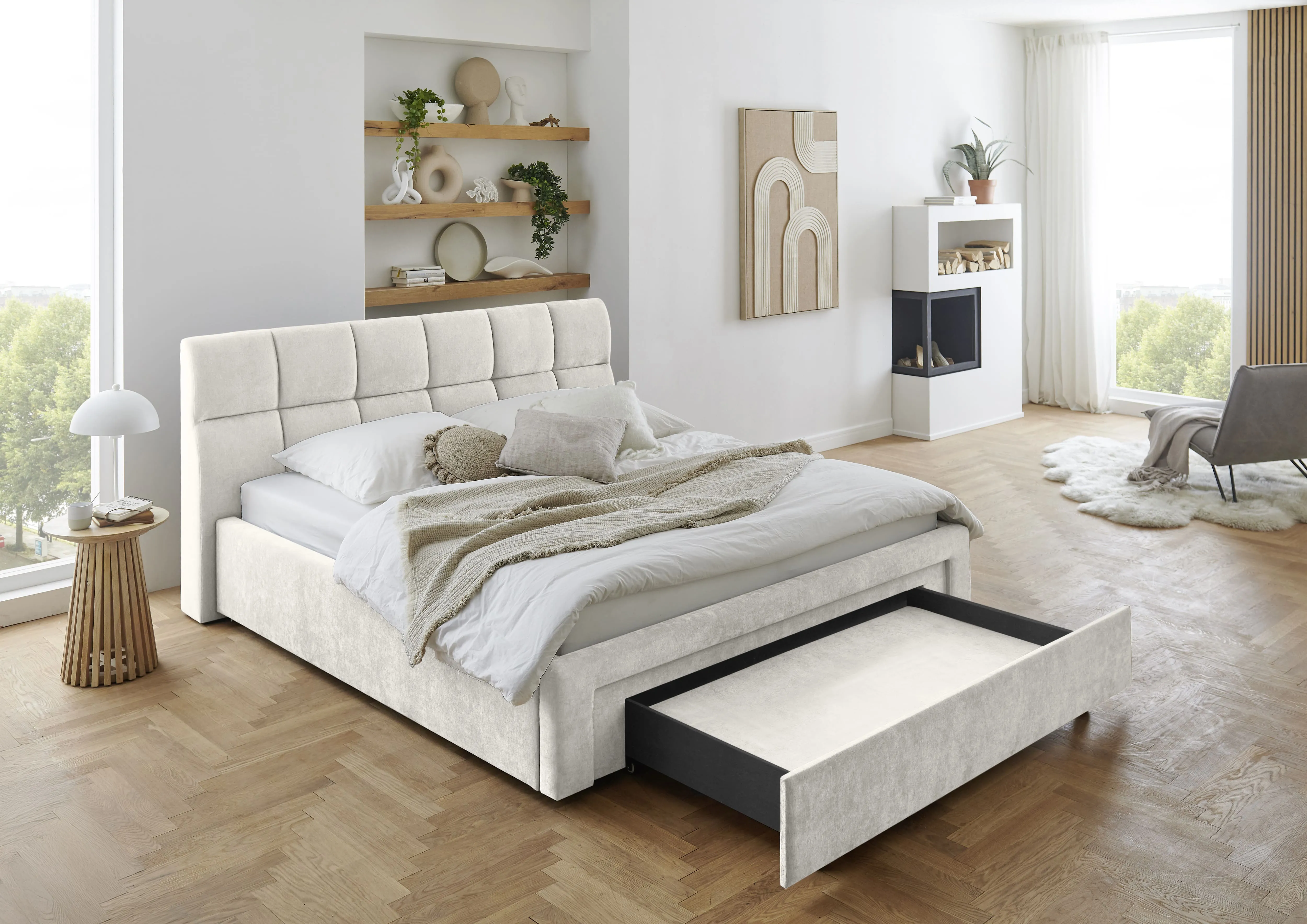 Lova 180 cm CANY su čiužiniu, beige, su šuns guoliu, 209x228x110 cm