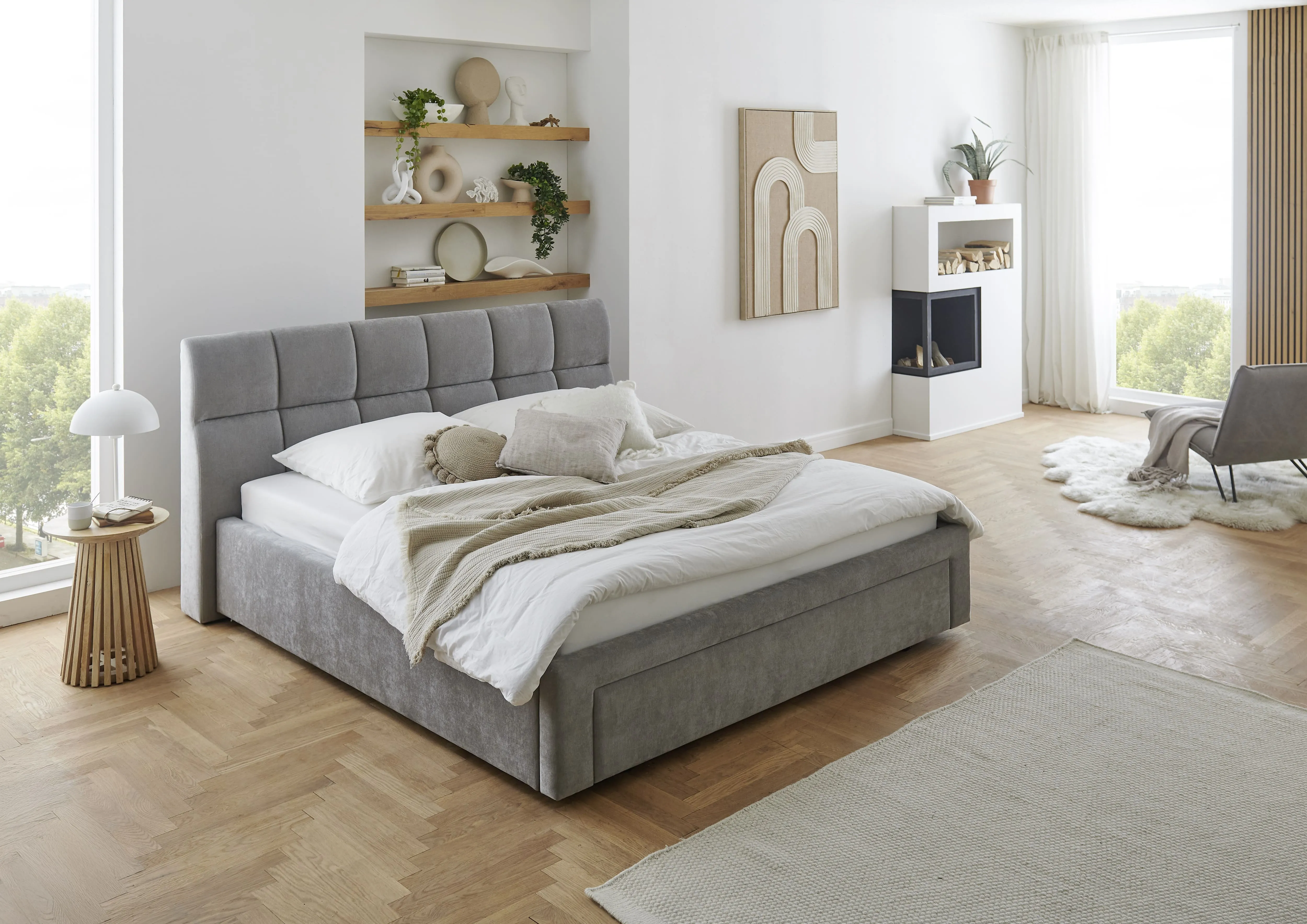 Lova 180 cm CANY su čiužiniu, pilka, su šuns guoliu, 209x228x110 cm