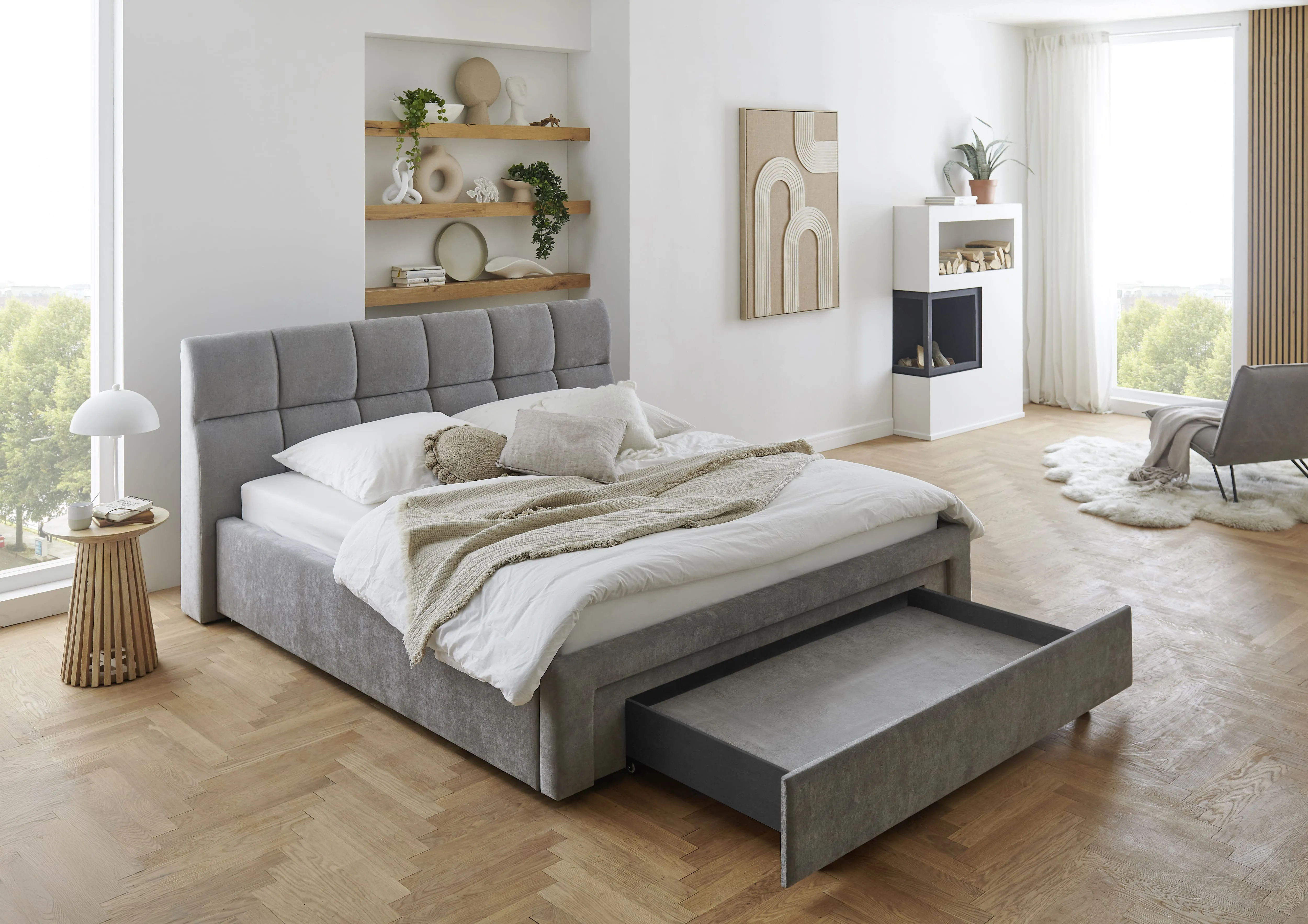 Lova 180 cm CANY su čiužiniu, pilka, su šuns guoliu, 209x228x110 cm