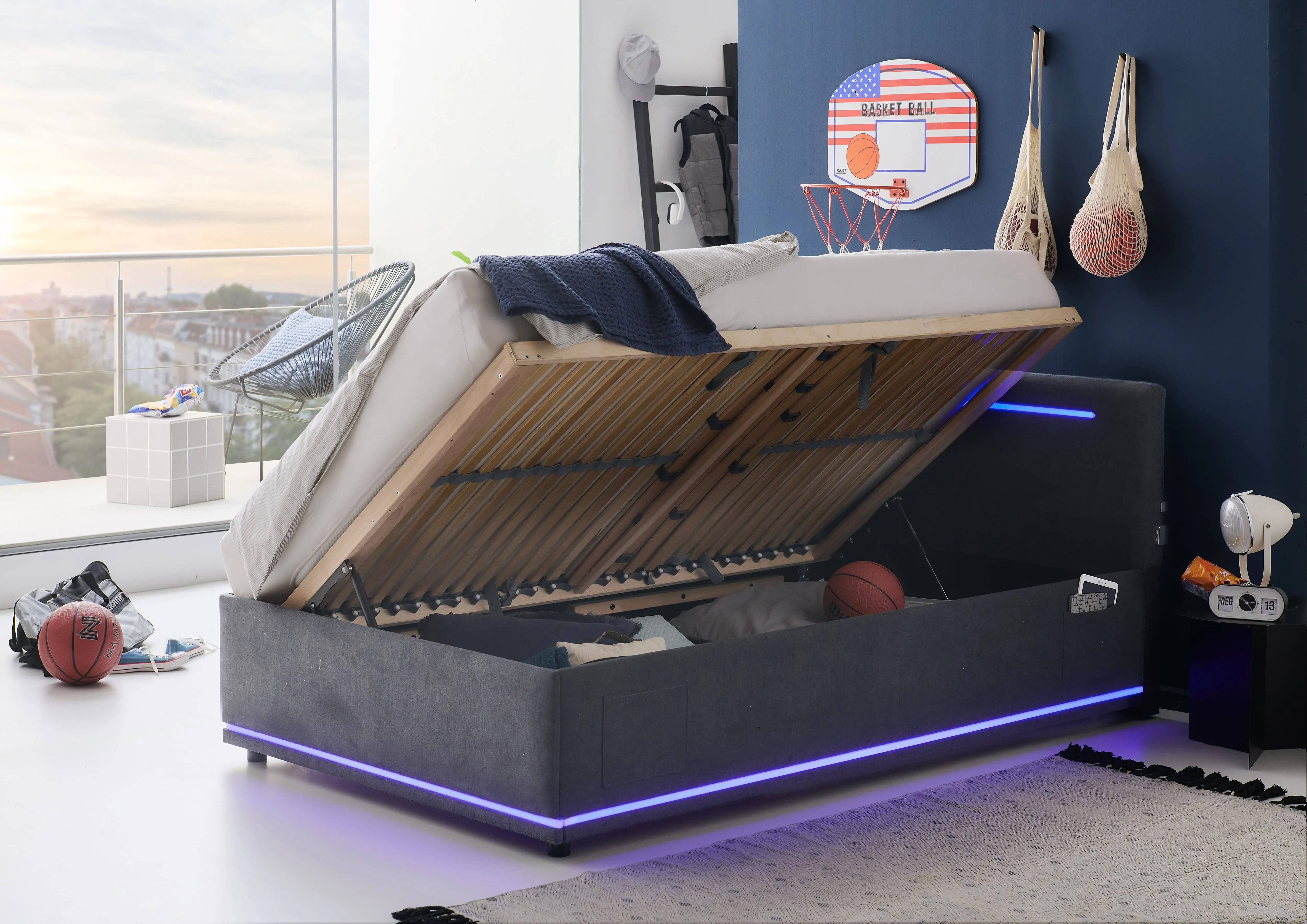 Lova 120 cm CIRCLE su LED apšvietimu, grafito, su pat. dėže, 128x211x90 cm