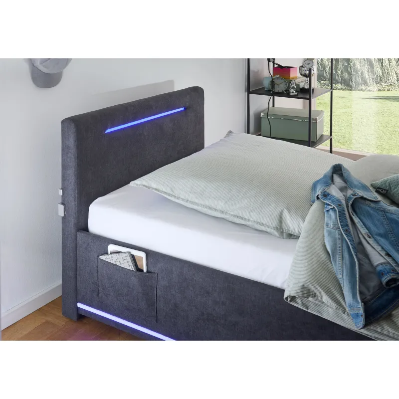 Lova 90 cm CIRCLE su čiužiniu ir LED apšvietimu, grafito, 98x211x90 cm