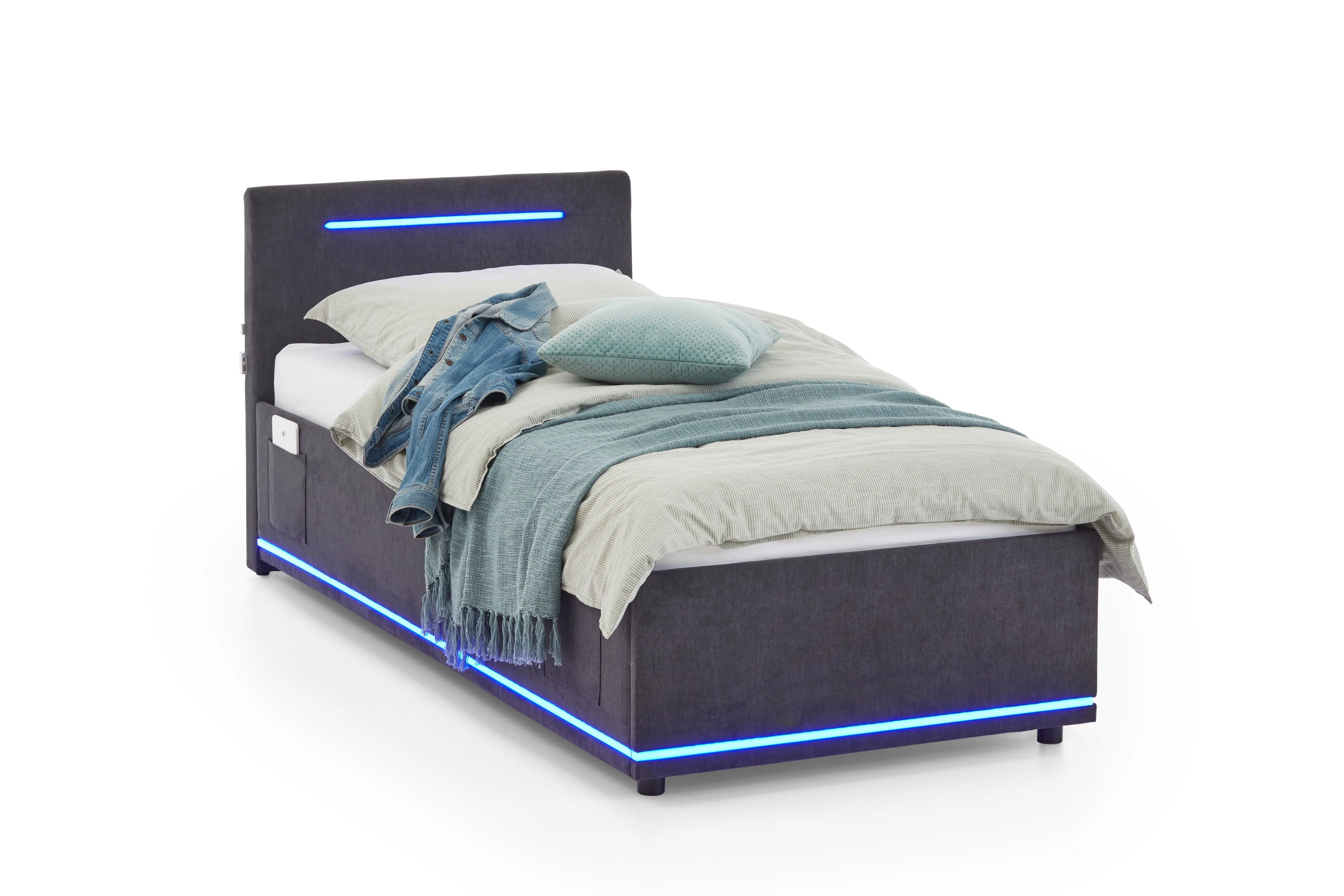 Lova 90 cm CIRCLE su čiužiniu ir LED apšvietimu, grafito, 98x211x90 cm