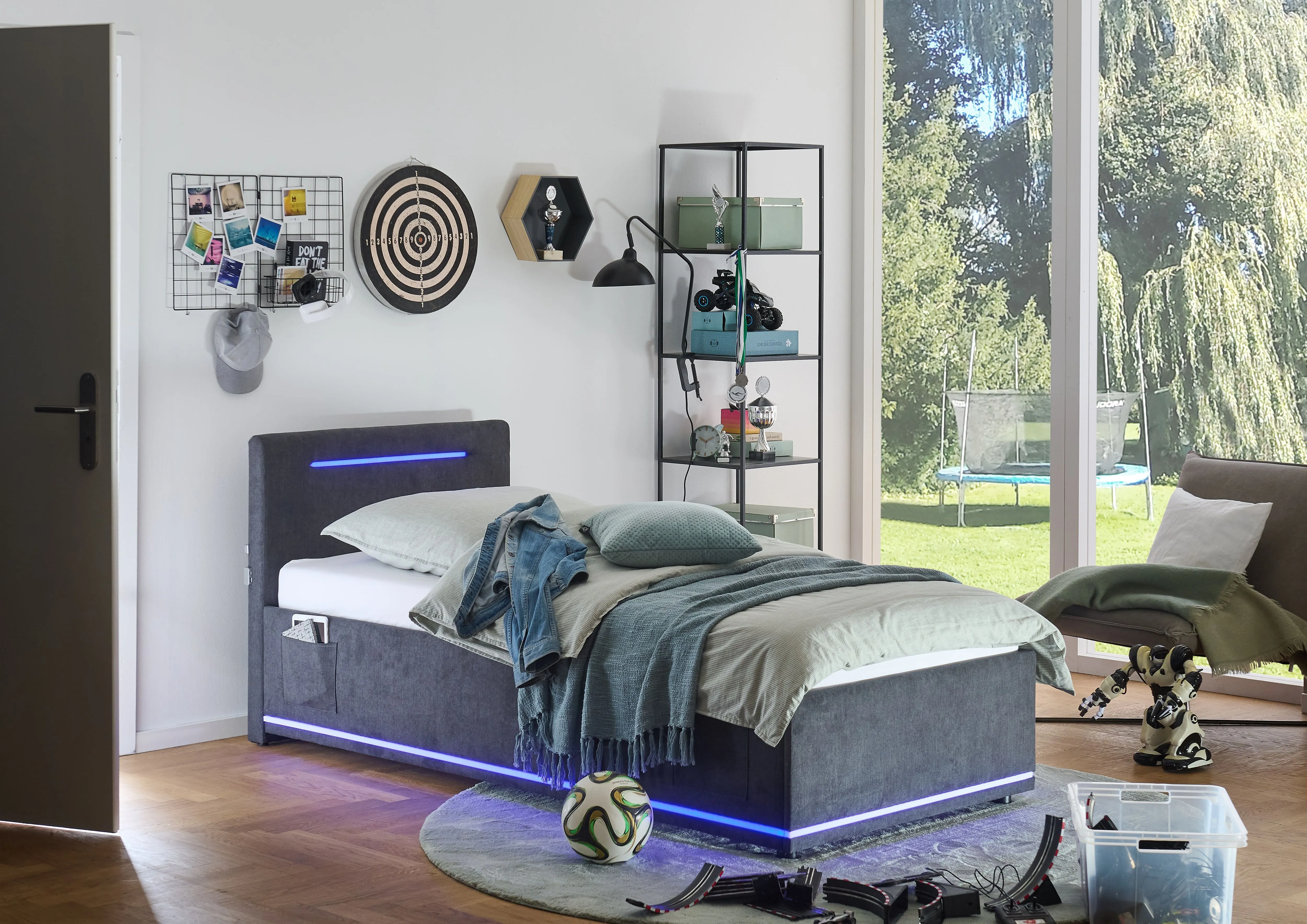 Lova 90 cm CIRCLE su čiužiniu ir LED apšvietimu, grafito, su pat. dėže, 98x211x90 cm
