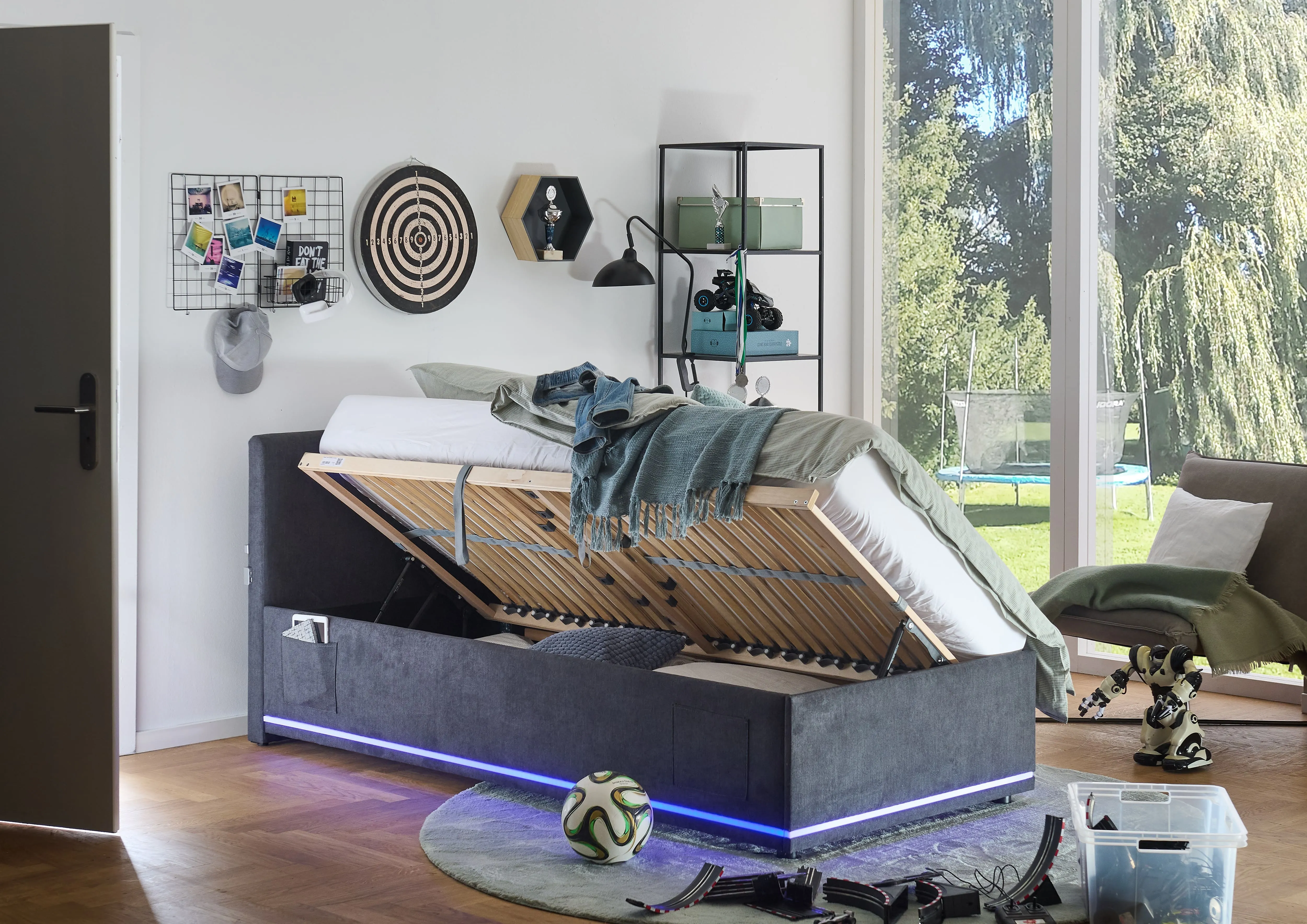 Lova 90 cm CIRCLE su čiužiniu ir LED apšvietimu, grafito, su pat. dėže, 98x211x90 cm