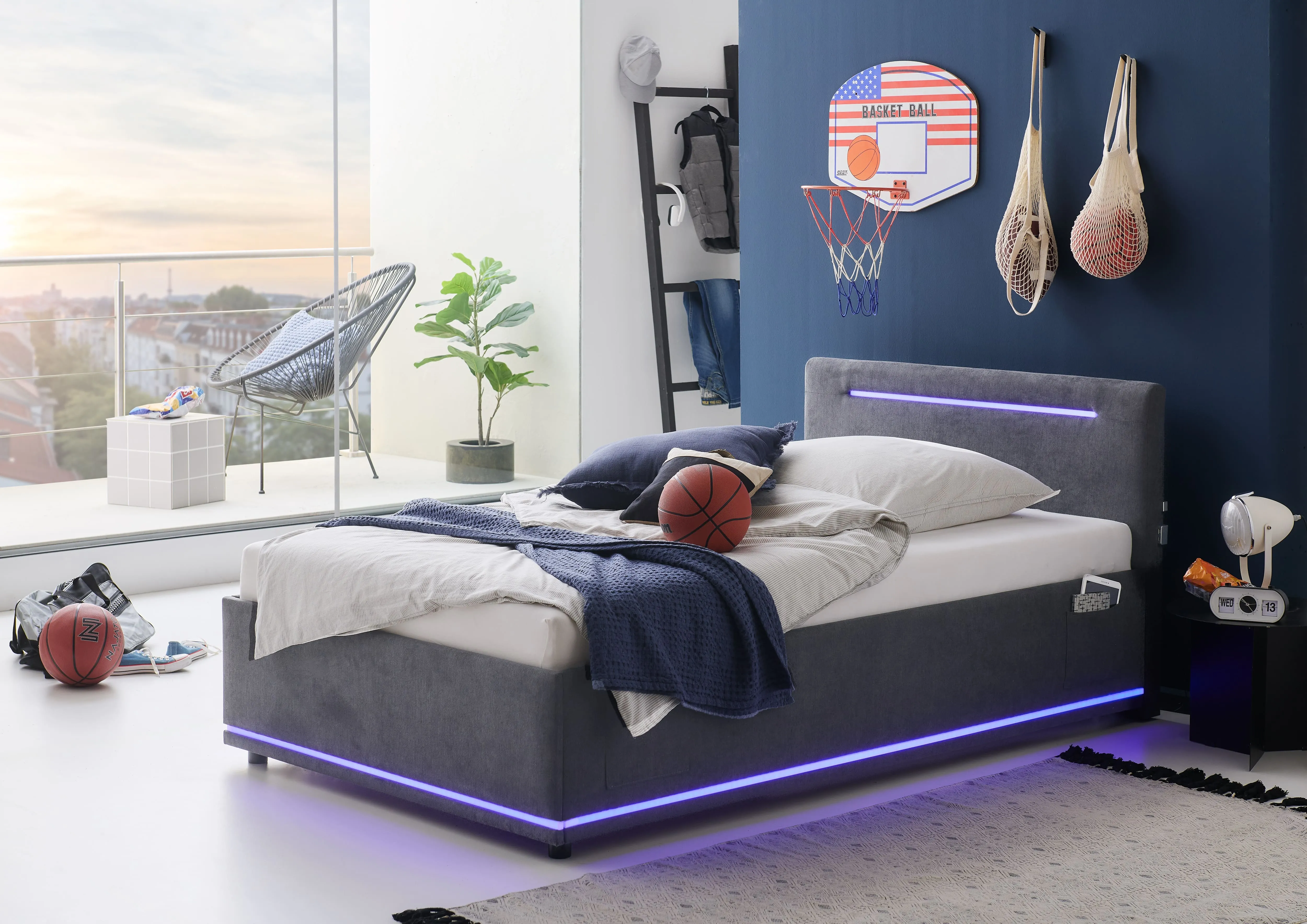 Lova 120 cm CIRCLE su čiužiniu ir LED apšvietimu, grafito, su pat. dėže, 128x211x90 cm