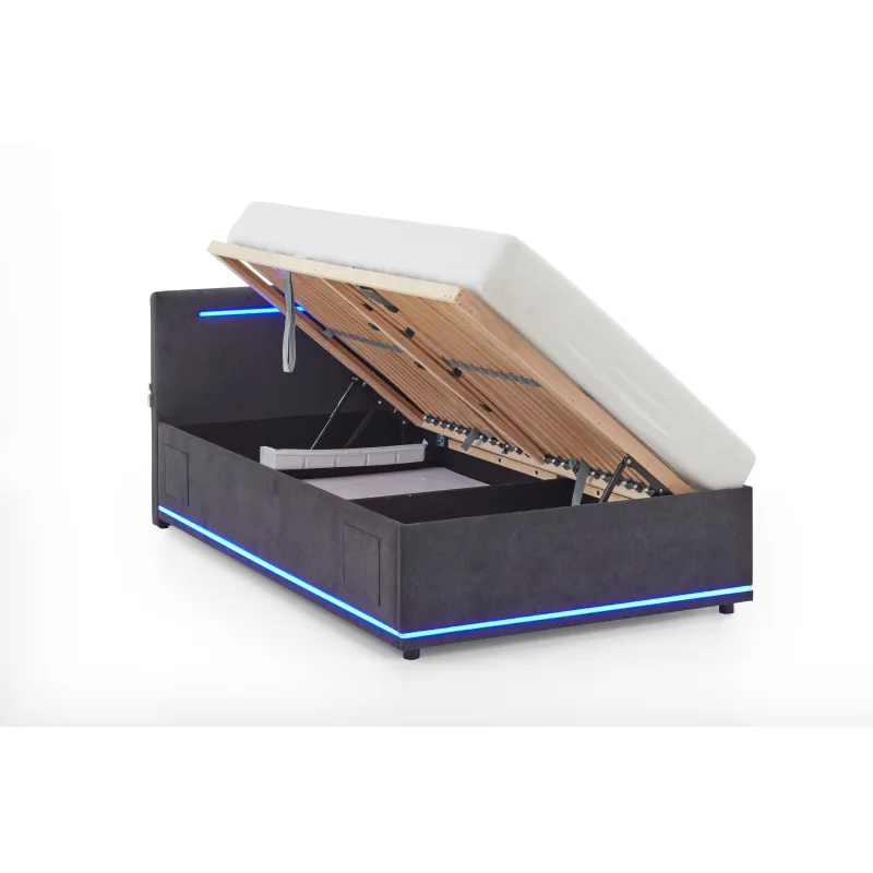 Lova 120 cm CIRCLE su čiužiniu ir LED apšvietimu, grafito, su pat. dėže, 128x211x90 cm