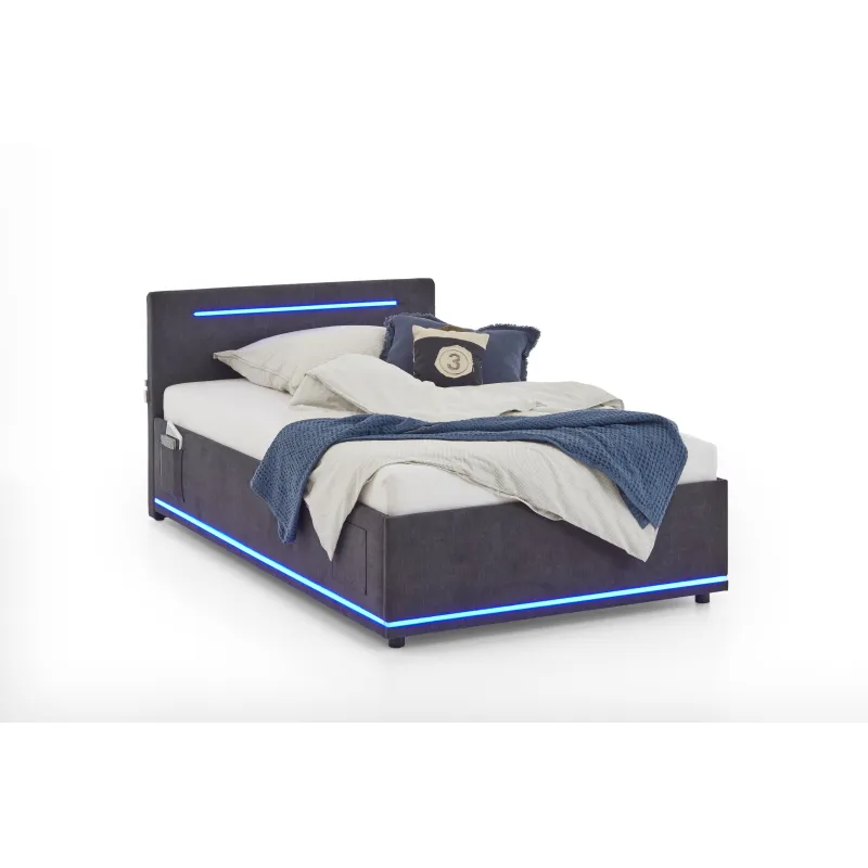 Lova 120 cm CIRCLE su čiužiniu ir LED apšvietimu, grafito, su pat. dėže, 128x211x90 cm