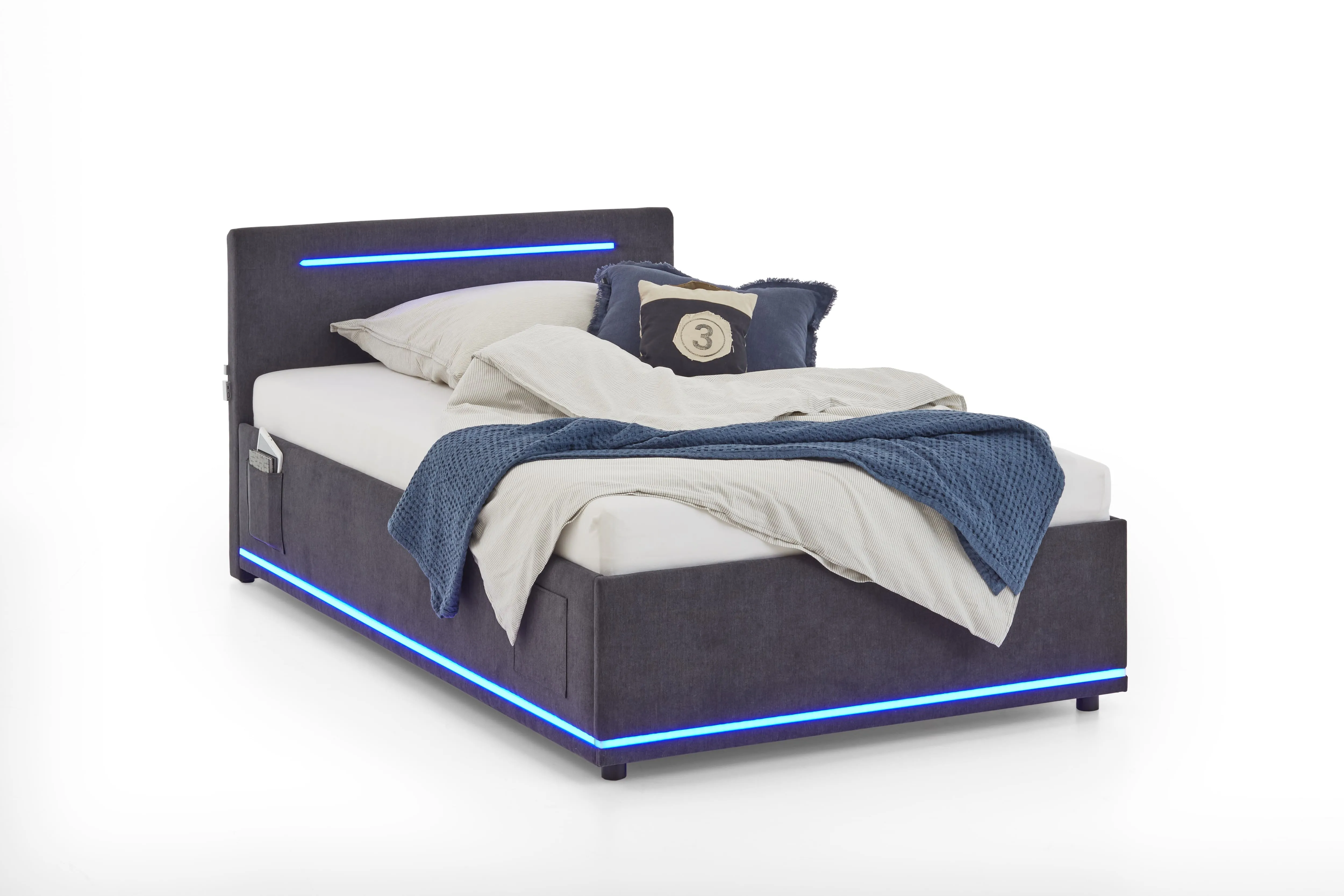 Lova 120 cm CIRCLE su čiužiniu ir LED apšvietimu, grafito, su pat. dėže, 128x211x90 cm