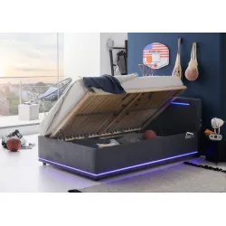 Lova 140 cm CIRCLE su čiužiniu ir LED apšvietimu, grafito, su pat. dėže, 98x211x90 cm