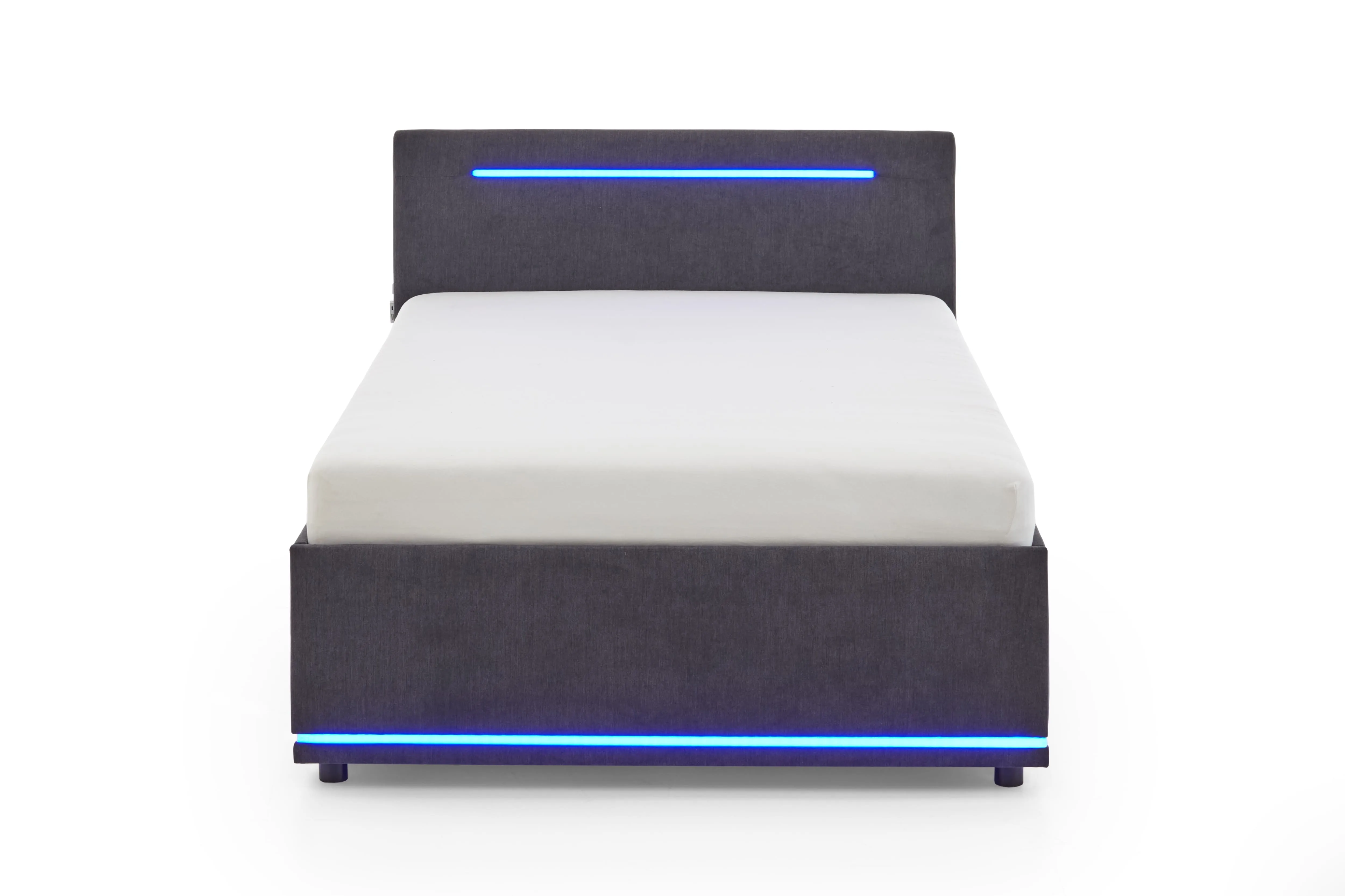 Lova 140 cm CIRCLE su čiužiniu ir LED apšvietimu, grafito, su pat. dėže, 148x211x90 cm