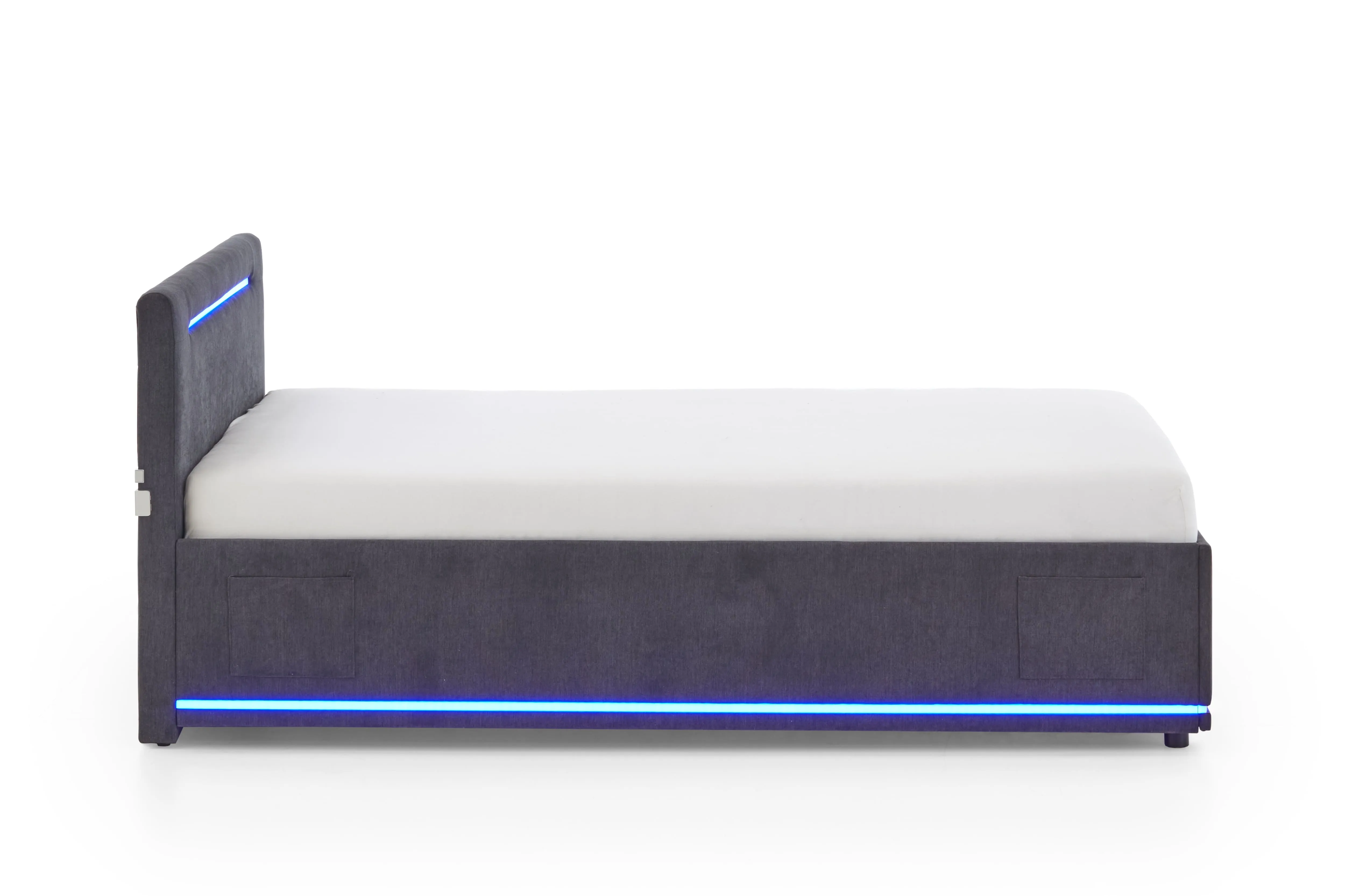 Lova 140 cm CIRCLE su čiužiniu ir LED apšvietimu, grafito, su pat. dėže, 148x211x90 cm