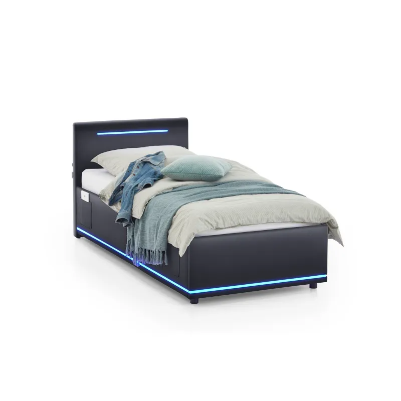 Lova 90 cm CIRCLE su LED apšvietimu, juoda, su pat. dėže, 98x211x90 cm