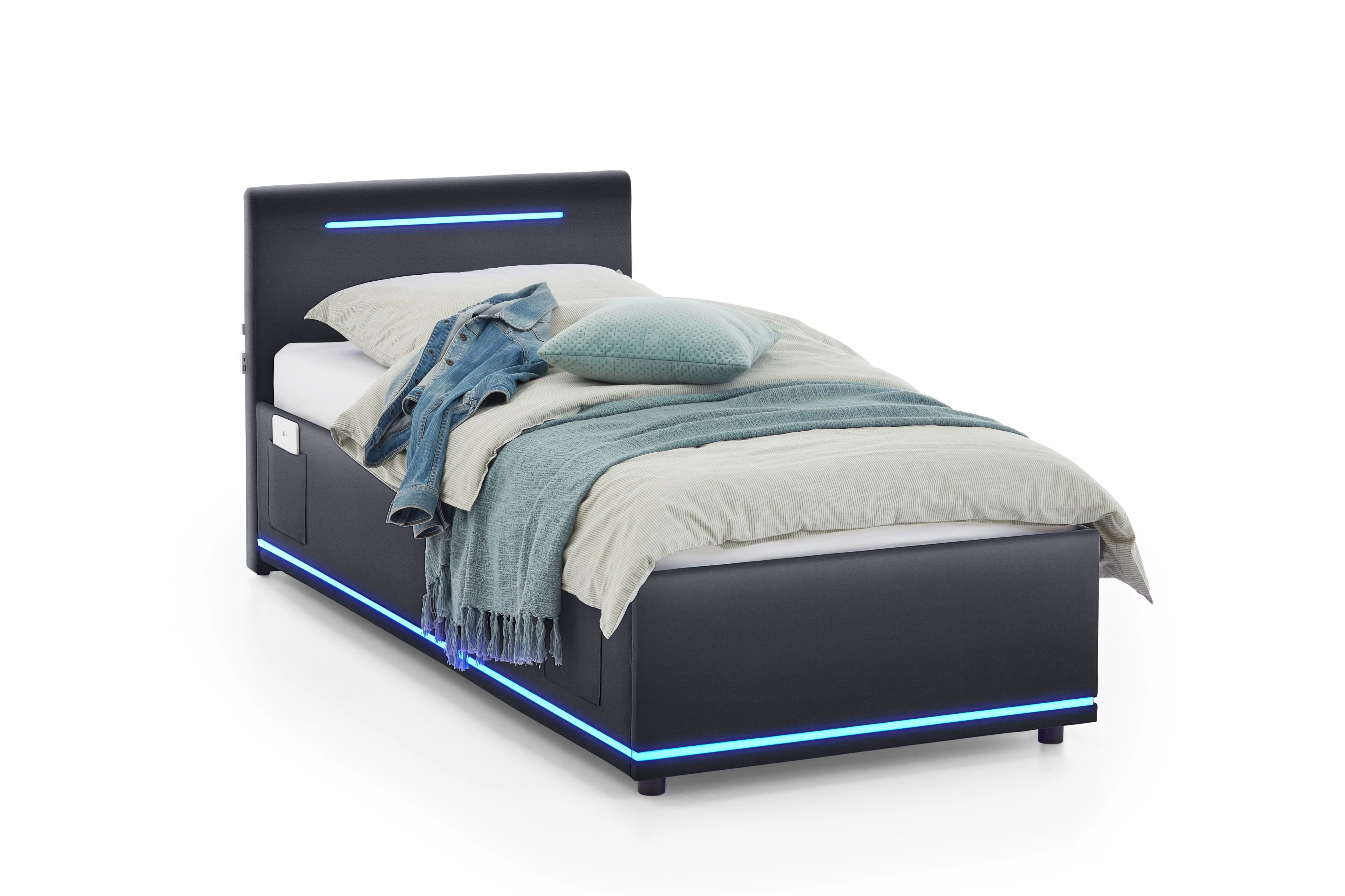 Lova 90 cm CIRCLE su LED apšvietimu, juoda, su pat. dėže, 98x211x90 cm