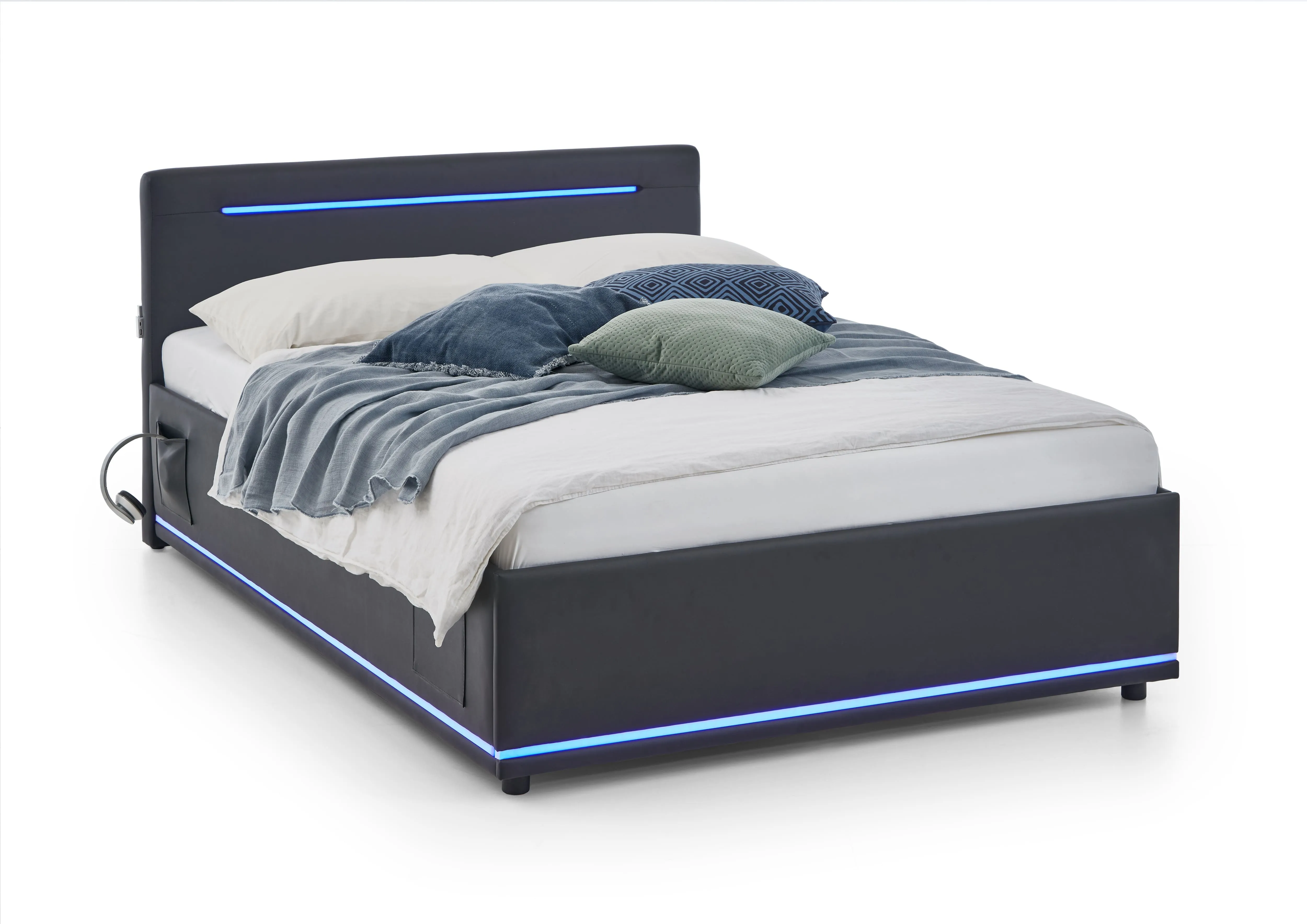 Lova 140 cm CIRCLE su LED apšvietimu, juoda, su pat. dėže, 148x211x90 cm