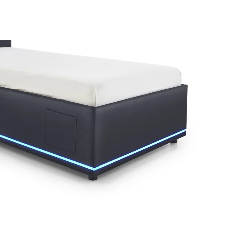 Lova 90 cm CIRCLE su čiužiniu ir LED apšvietimu, juoda, su pat. dėže, 98x211x90 cm