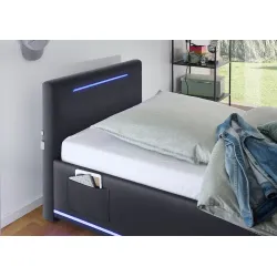 Lova 90 cm CIRCLE su čiužiniu ir LED apšvietimu, juoda, su pat. dėže, 98x211x90 cm