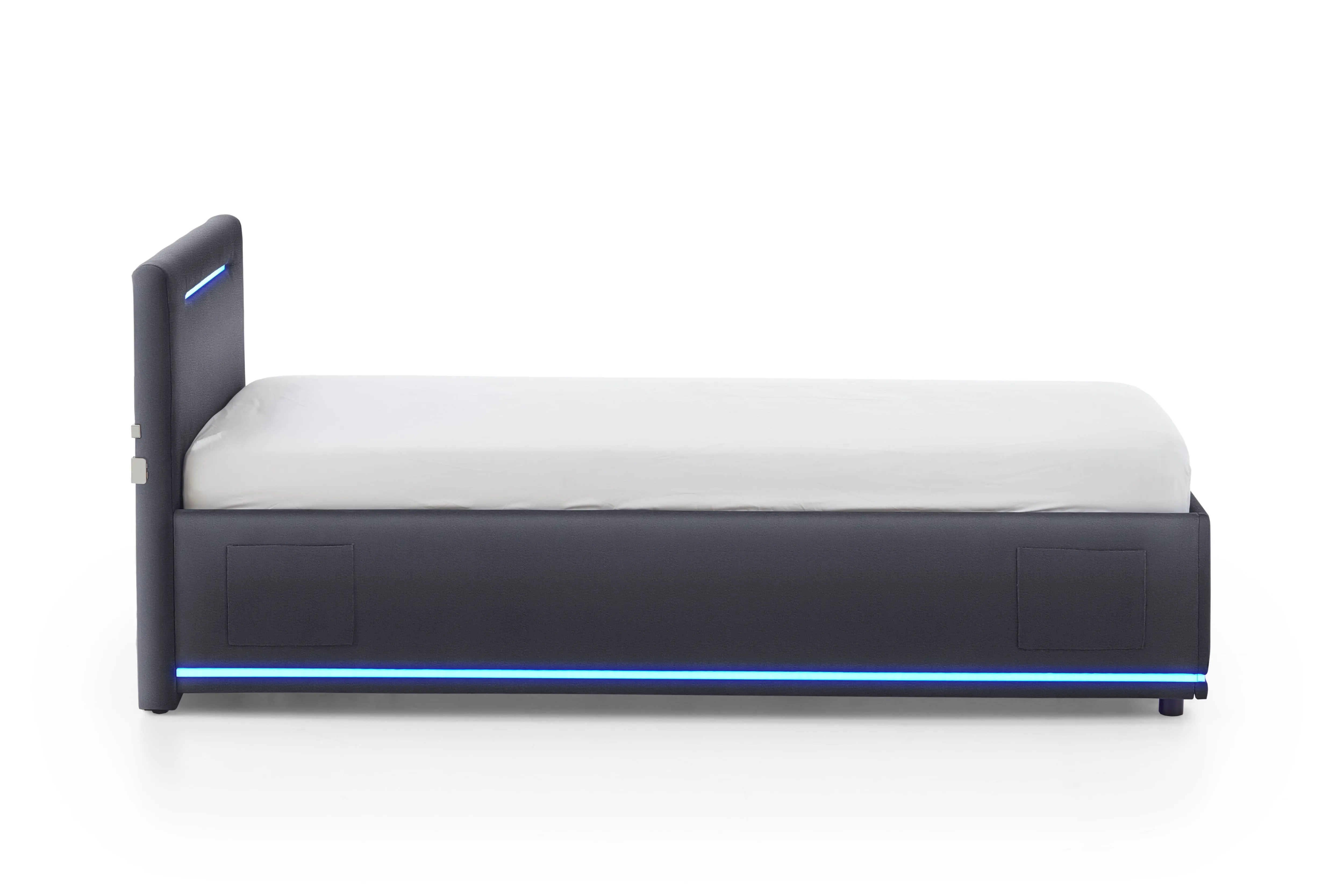 Lova 90 cm CIRCLE su čiužiniu ir LED apšvietimu, juoda, su pat. dėže, 98x211x90 cm