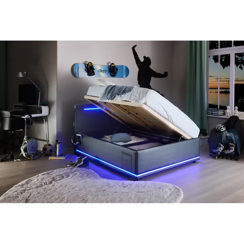 Lova 120 cm CIRCLE su čiužiniu ir LED apšvietimu, juoda, su pat. dėže, 128x211x90 cm