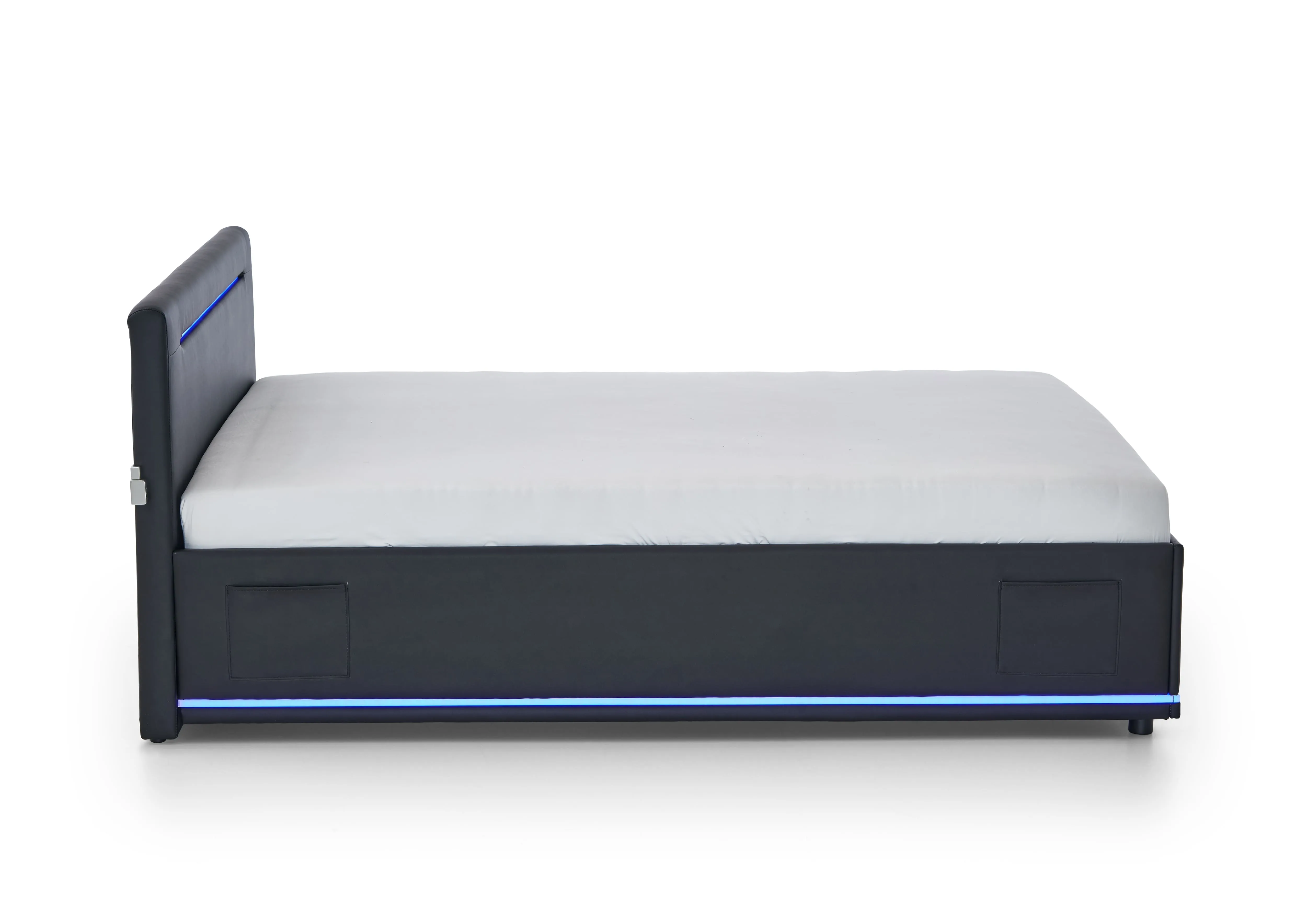 Lova 120 cm CIRCLE su čiužiniu ir LED apšvietimu, juoda, su pat. dėže, 128x211x90 cm