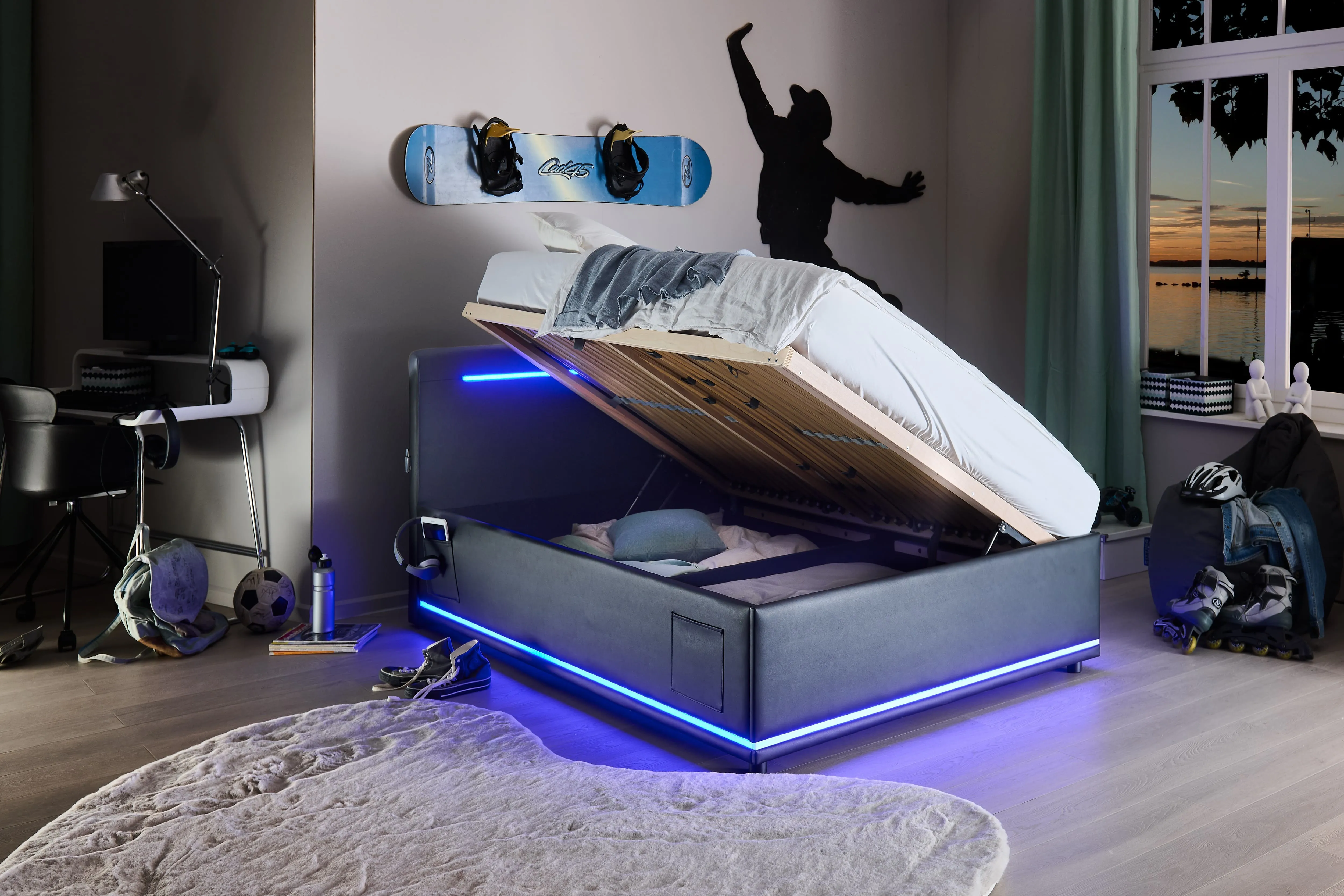 Lova 140 cm CIRCLE su čiužiniu ir LED apšvietimu, juoda, su pat. dėže, 148x211x90 cm