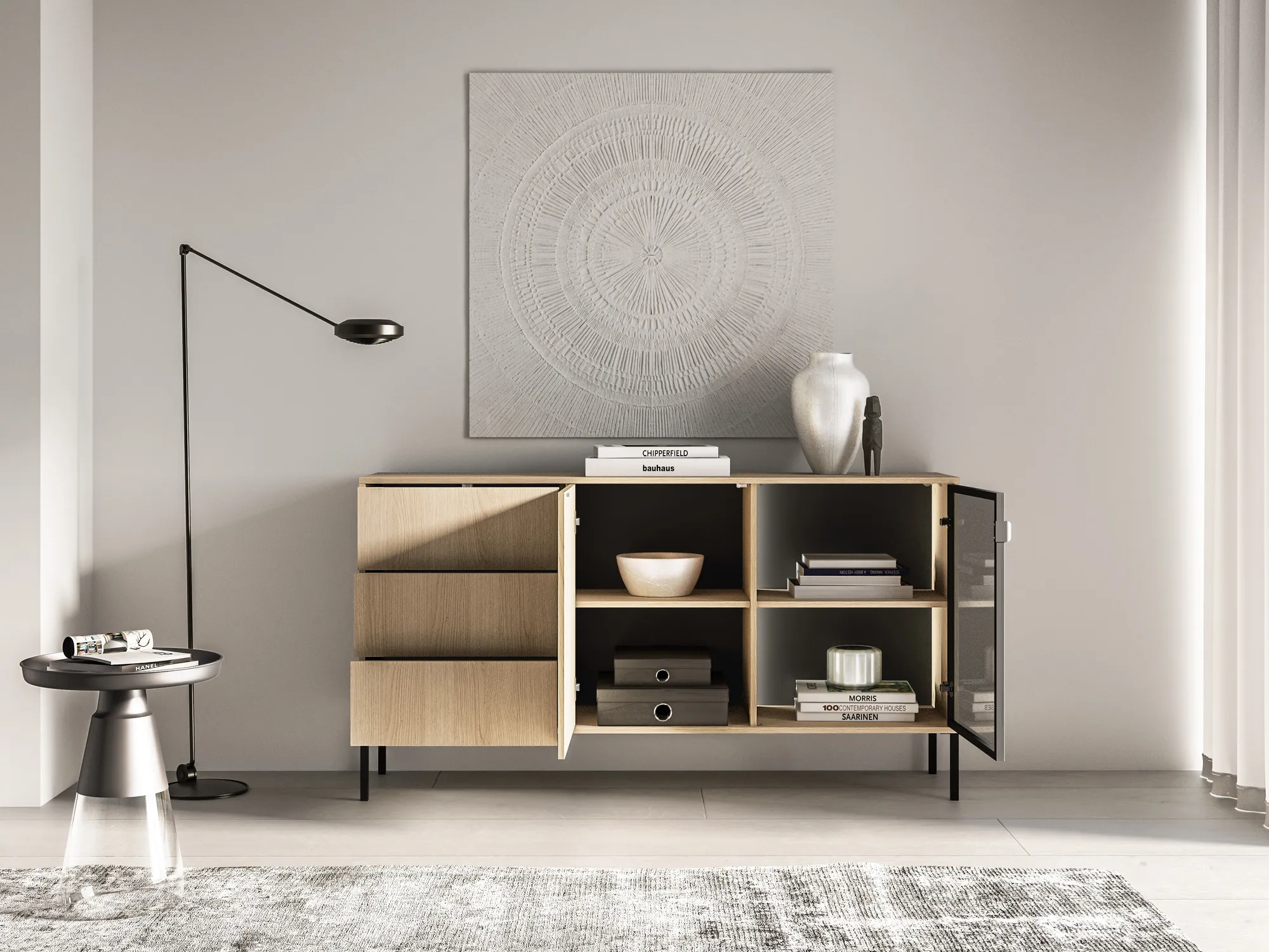 Komoda su LED apšvietimu BARNET, ąžuolo, 160x40x86 cm