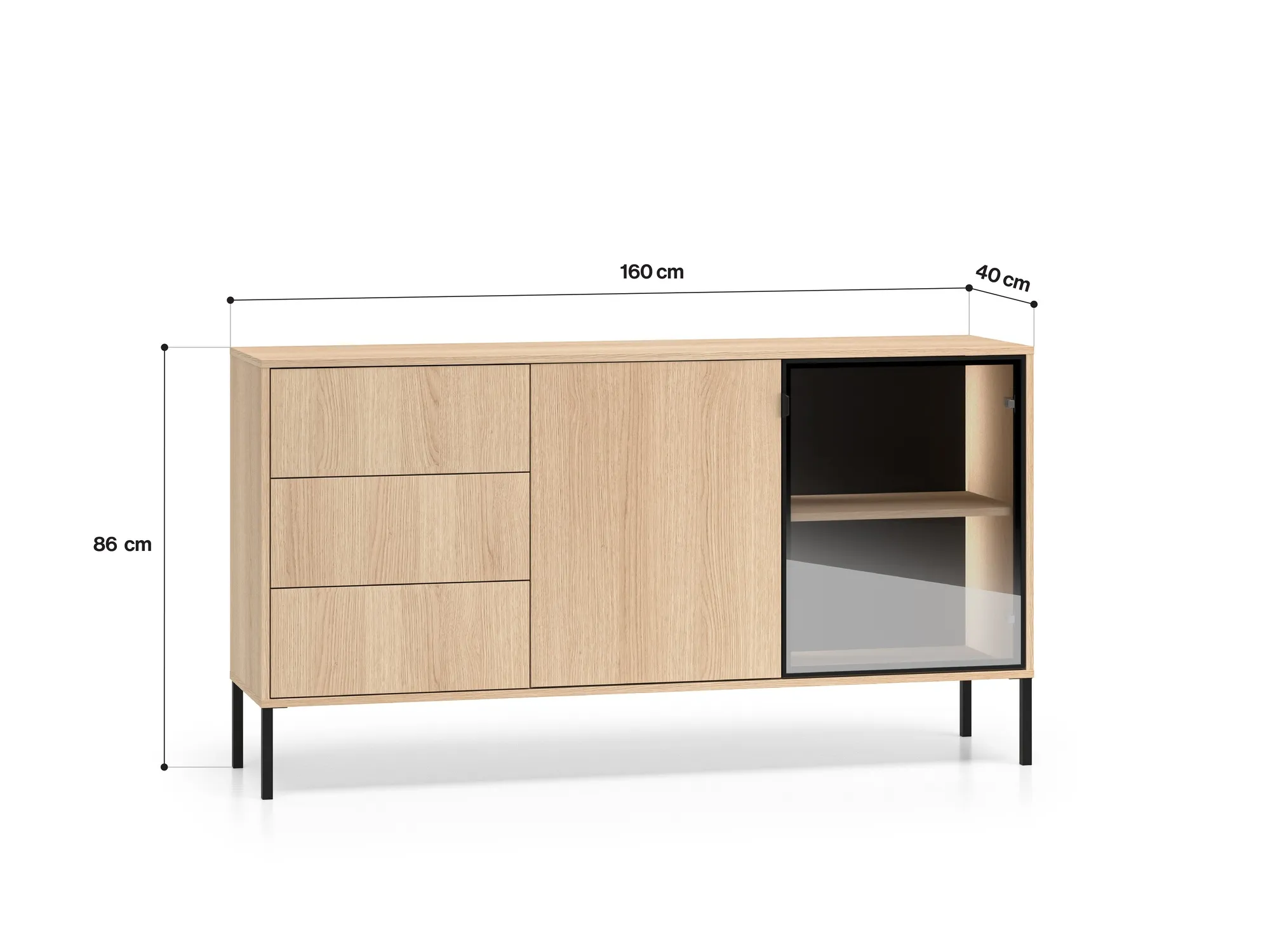 Komoda su LED apšvietimu BARNET, ąžuolo, 160x40x86 cm