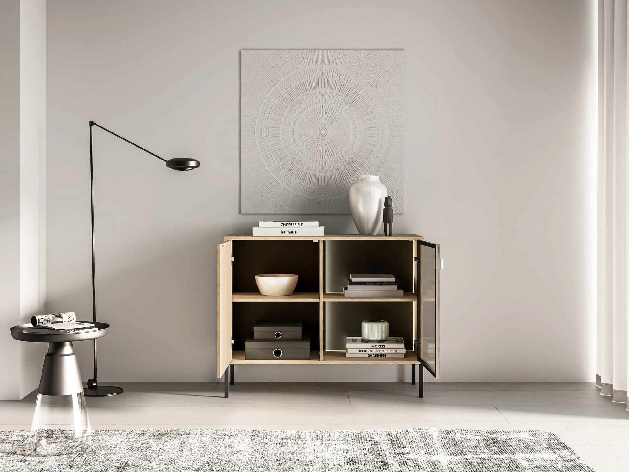 Spintelė su LED apšvietimu BARNET, ąžuolo, 107x40x86 cm