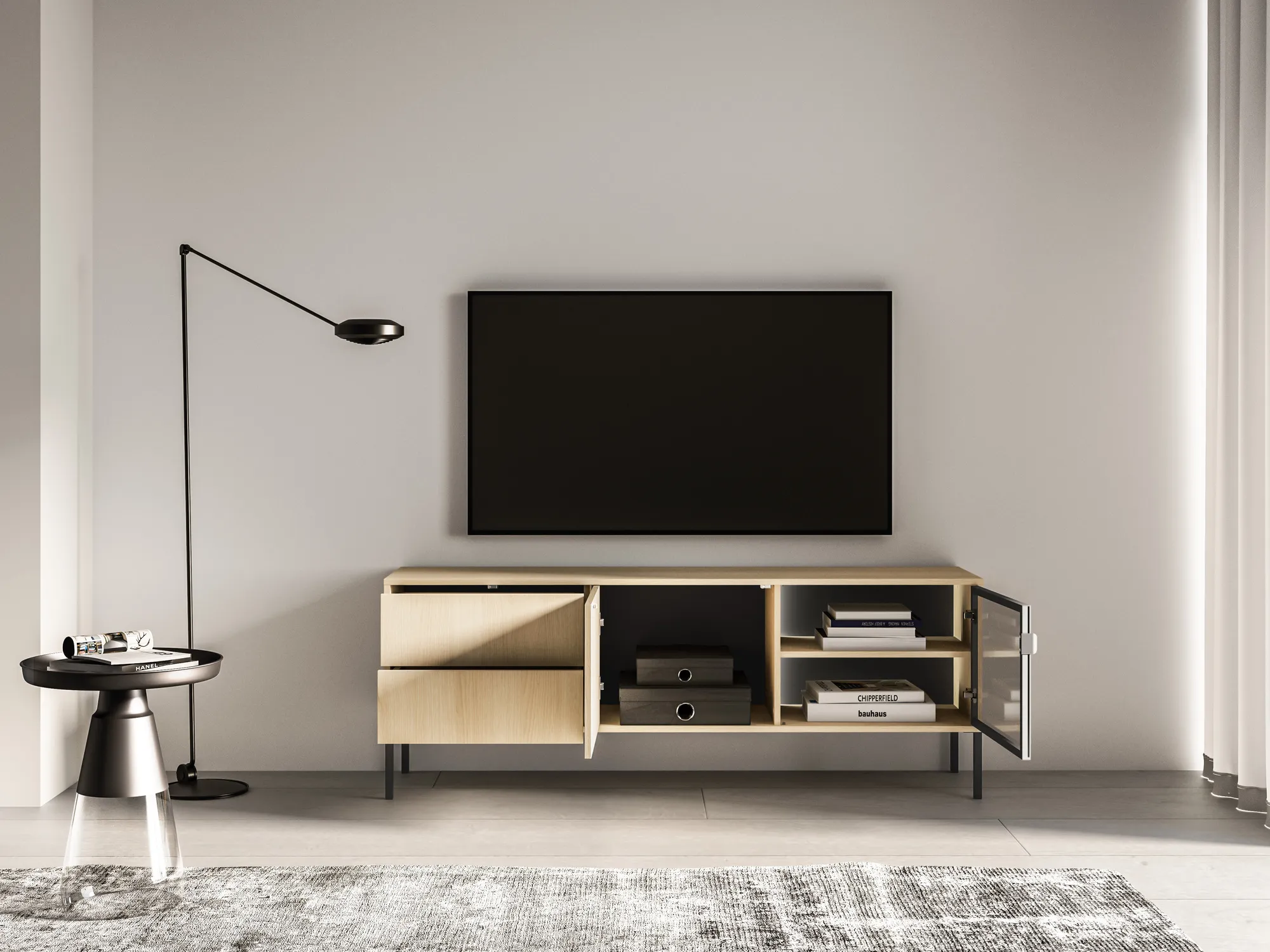 TV spintelė su LED apšvietimu BARNET, ąžuolo, 160x40x59 cm