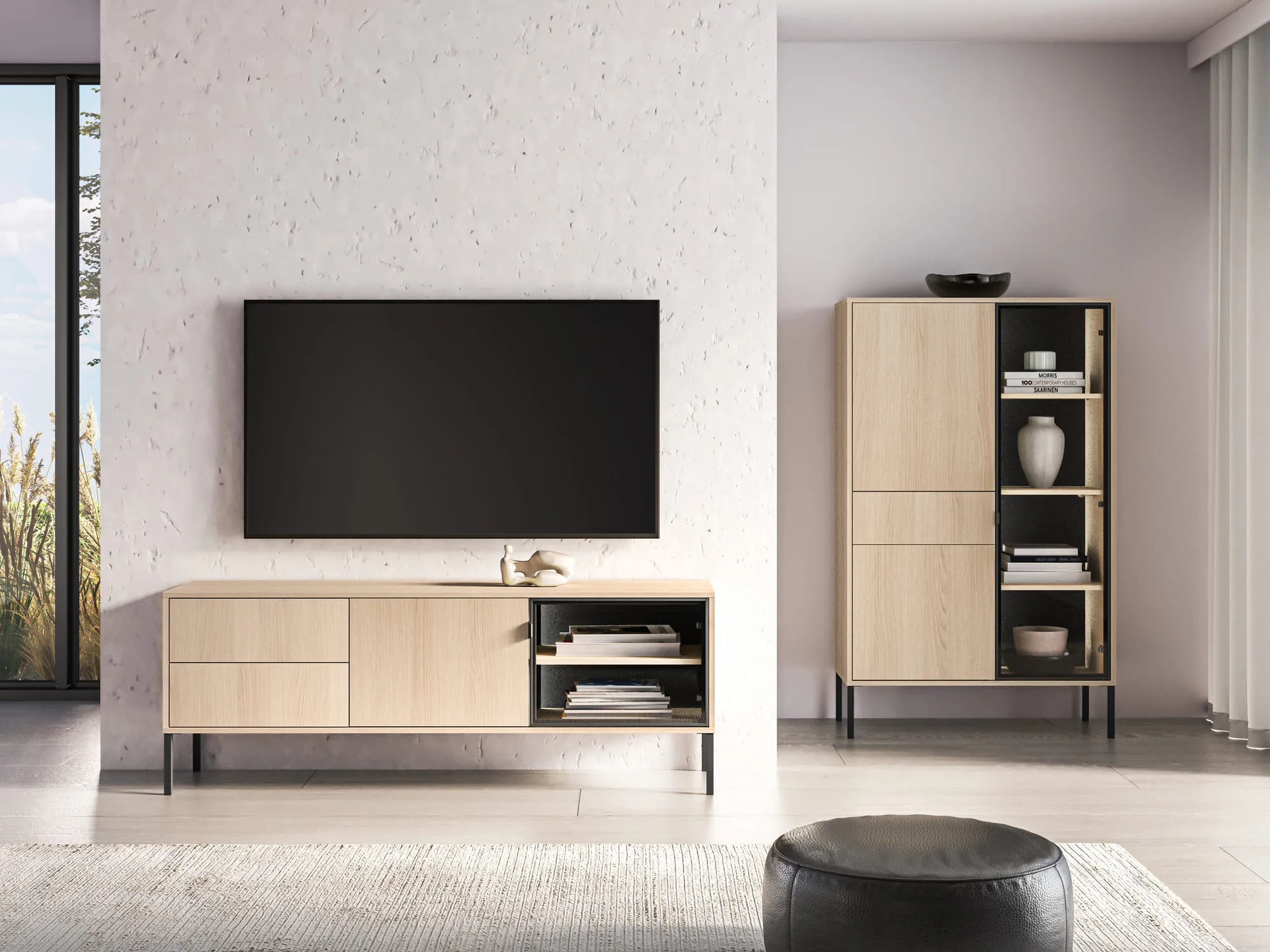 TV spintelė su LED apšvietimu BARNET, ąžuolo, 160x40x59 cm