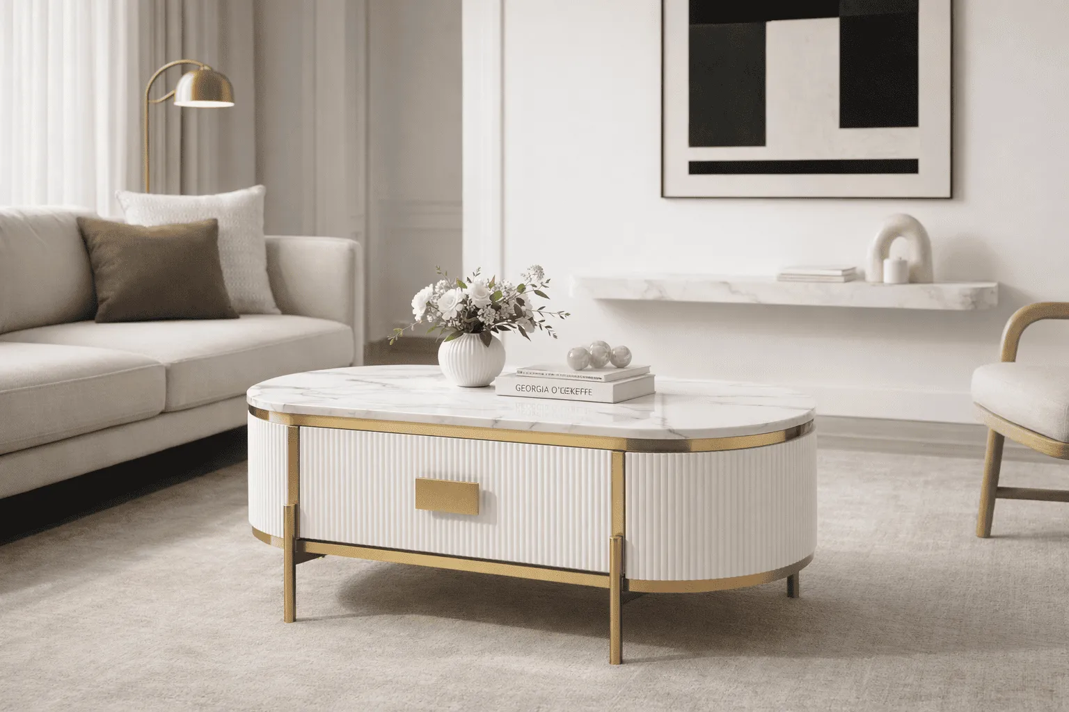 Žurnalinis-kavos staliukas STILI, baltas ecru, 124x71x48 cm