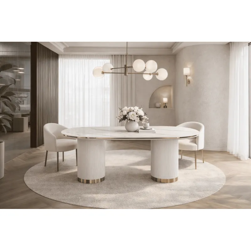 Ovalus valgomojo stalas STILI, baltas ecru, 180x90x75 cm