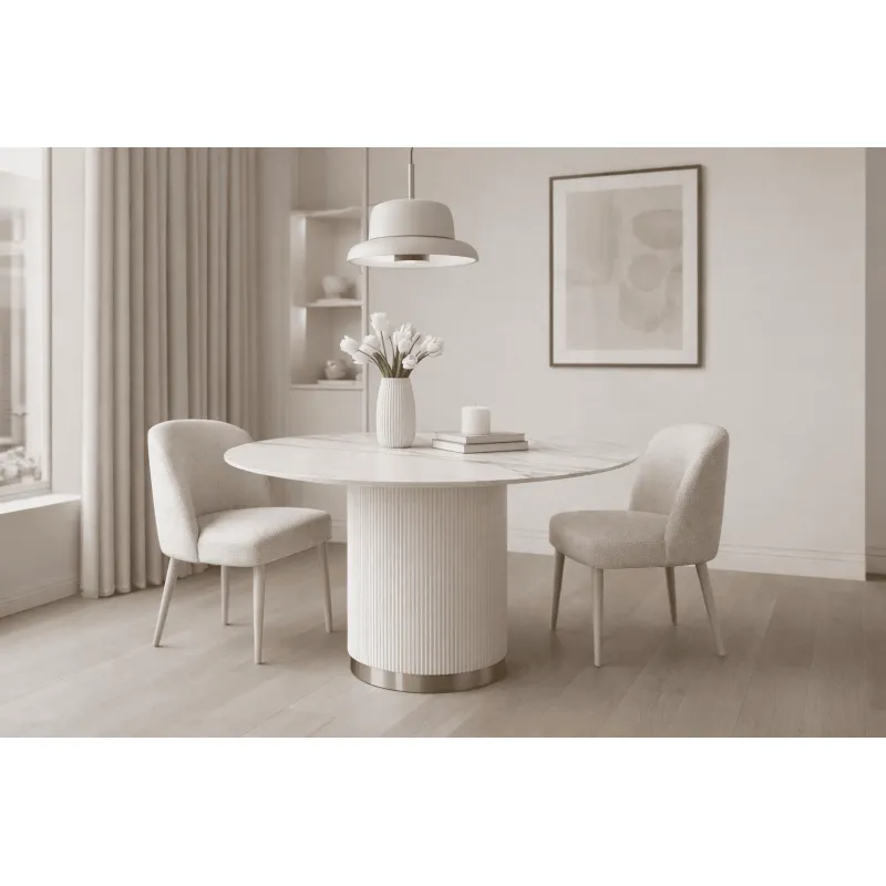 Apvalus valgomojo stalas STILI, baltas ecru, 120x120x75 cm