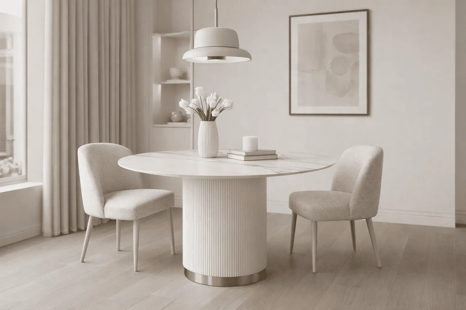 Apvalus valgomojo stalas STILI, baltas ecru, 120x120x75 cm