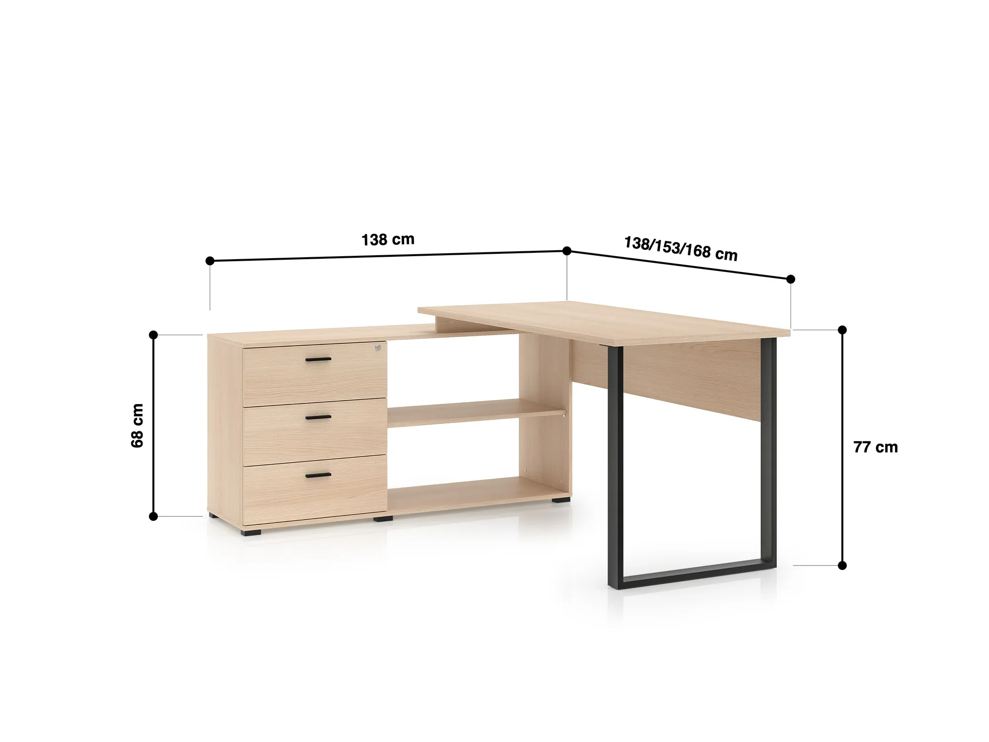 Kampinis biuro stalas ODEL, 138-168x138x75 cm