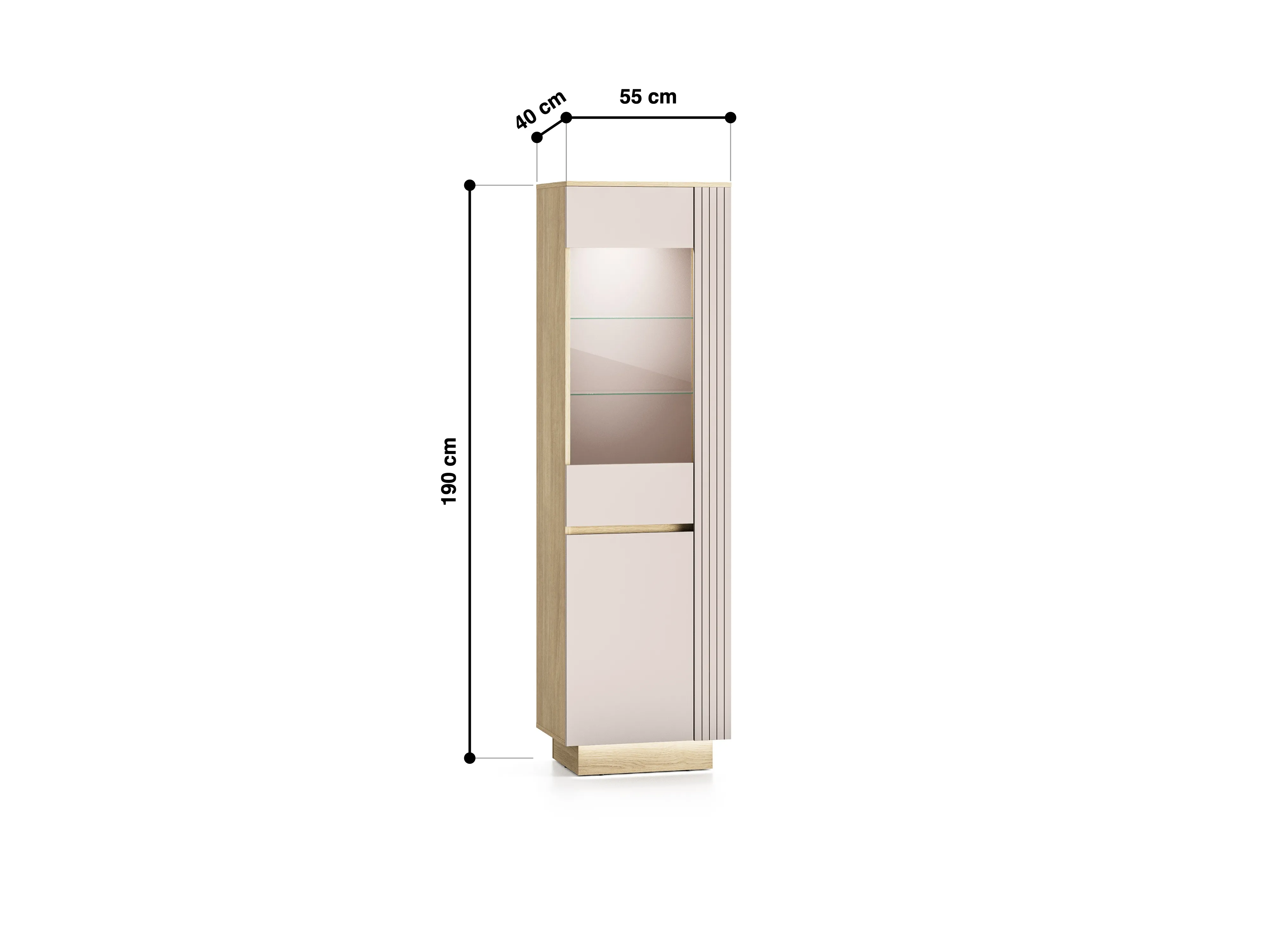 Aukšta vitrina HILA su LED apšvietimu, 55x40x190 cm