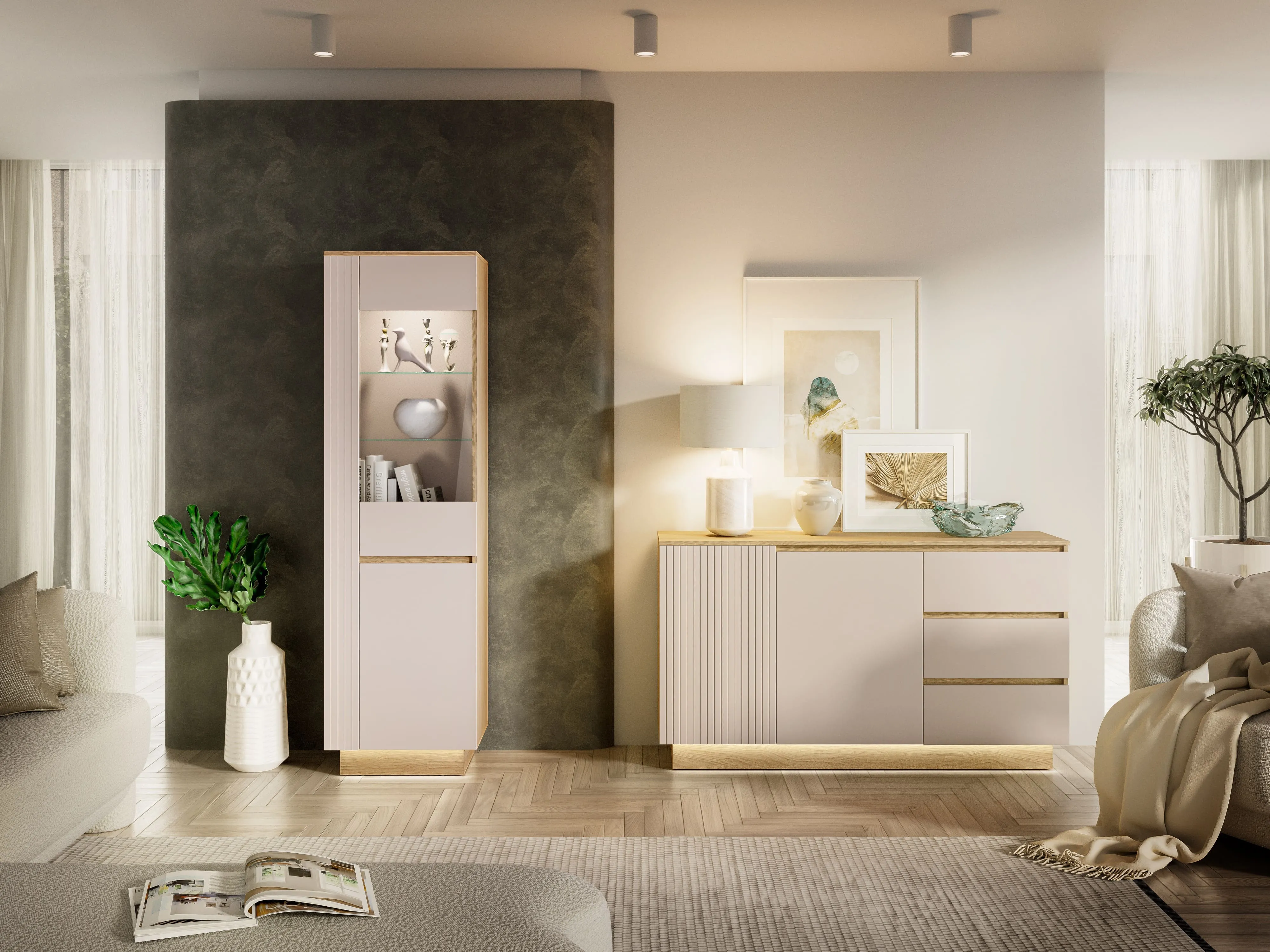 Aukšta vitrina HILA su LED apšvietimu, 55x40x190 cm