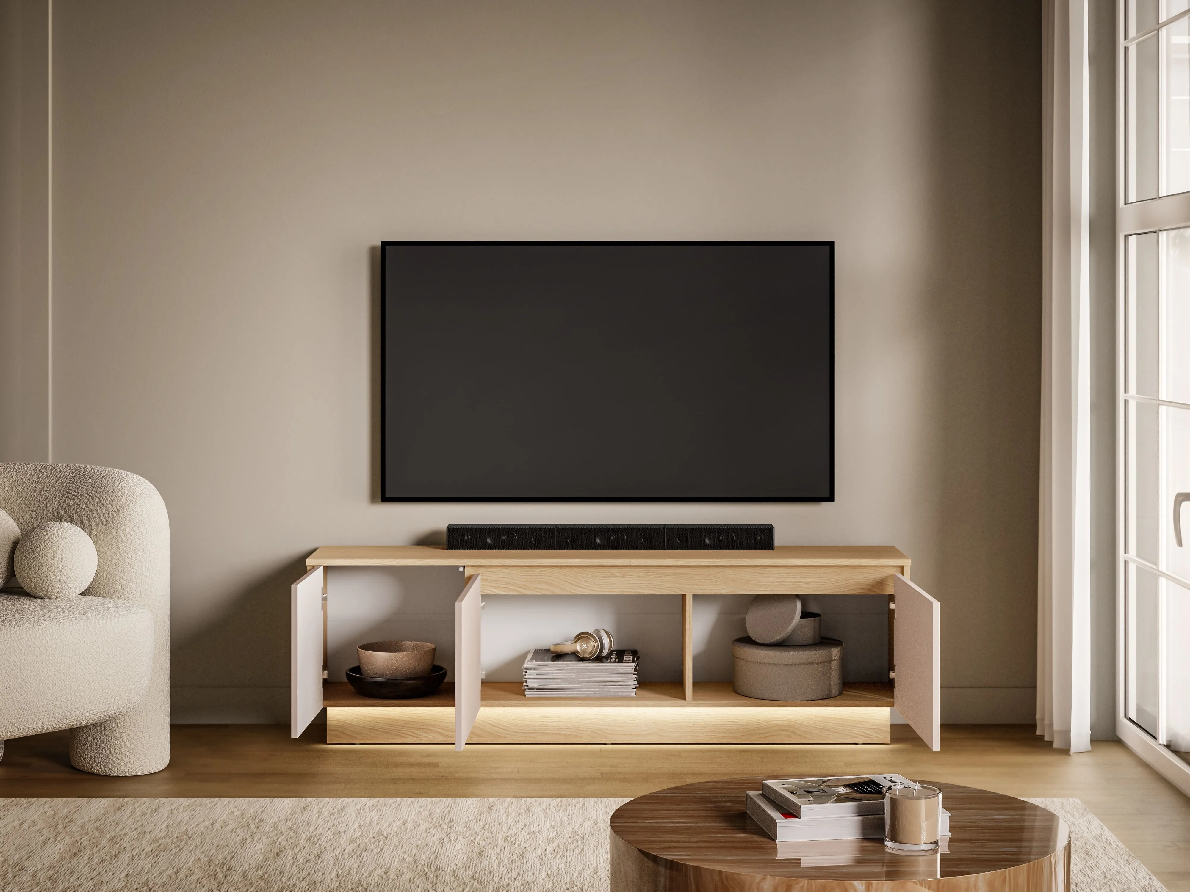 TV spintelė HILA su LED apšvietimu, 150x40x50 cm