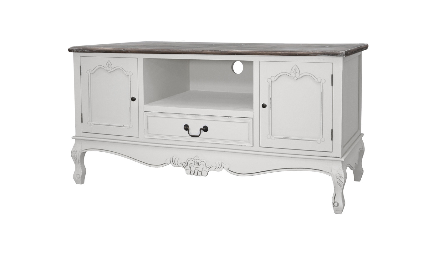 Provanso stiliaus TV staliukas, kreminės spalvos, sendinto dizaino