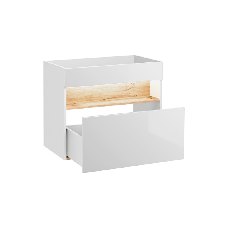 minimalistinio dizaino pakabinama vonios spintelė su praustuvu, baltu blizgiu fasadu, stilinga